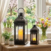 JHY DESIGN 13''&amp;19.5''H Decorative Candle Lanterns Set of 2 Vintage Hanging Lantern Metal Candle Holder for Garden Living Room Indoor Outdoor Parties Weddings Balcony(Black with Gold Brush)
