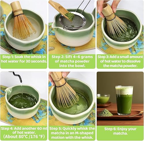 Miniatura 6 de HengLiSam Juego de 8 batidores de matcha, juego de cerámica de matcha, herramientas de ceremonia de té japonés con cuenco matcha, batidor de bambú,