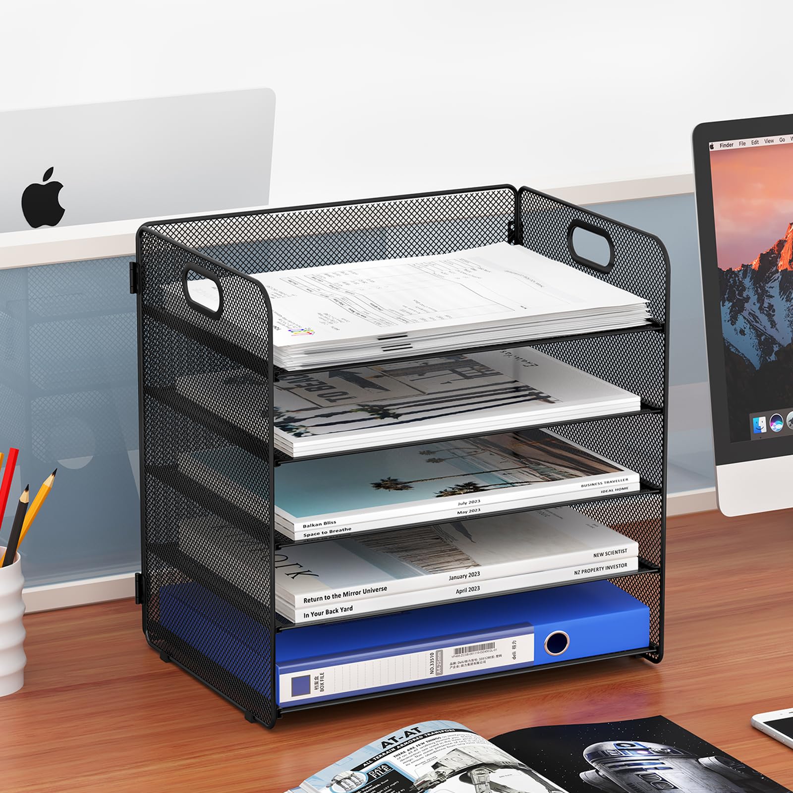 EasyPAG 5 Fächer A4 Metall Büro Schreibtisch Organizer Dokumentenhalter Aktenablage Zeitschriftenhalter Briefablage Papier Magazin Organisator,Schwarz