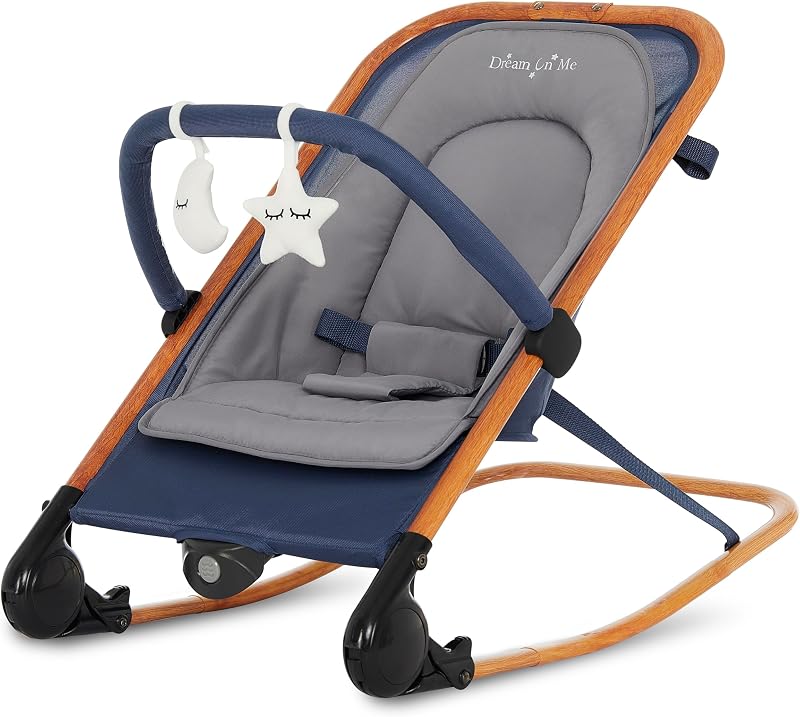 Dream On Me Rock On Me 2-in-1 Baby Rocker and Stationary Seat, Blue | Adjustable Recline, 3-Point Harness, Detachable Toys, Music & Soothing Motion, Quick Compact Fold, 20 Lb Limit, Beechwood