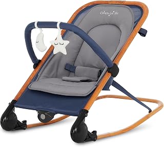 Dream On Me Rock On Me 2-in-1 Baby Rocker and Stationary Seat, Blue | Adjustable Recline, 3-Point Harness, Detachable Toys, Music & Soothing Motion, Quick Compact Fold, 20 Lb Limit, Beechwood