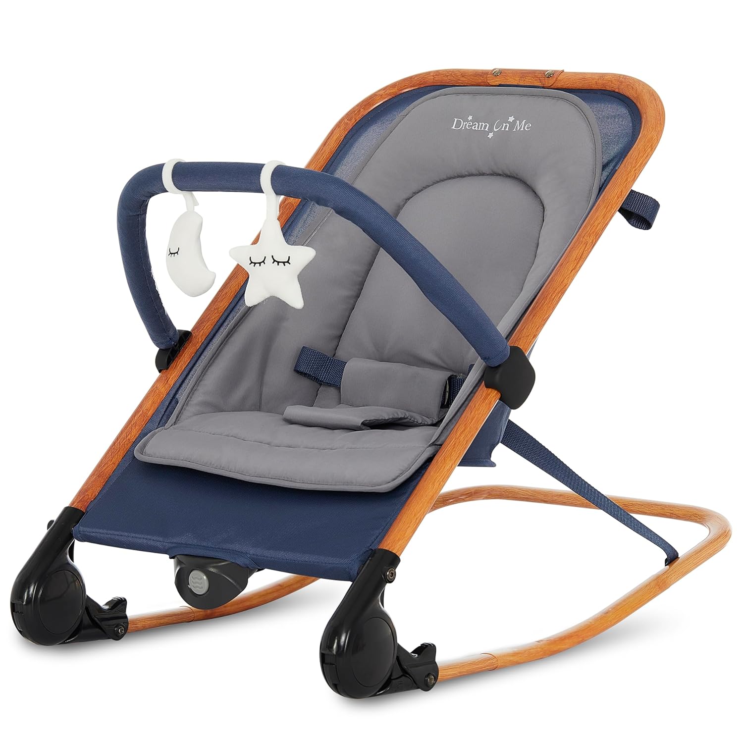 Dream On Me Rock On Me 2-in-1 Baby Rocker and Stationary Seat, Adjustable Recline, Gentle Music & Vibration, 3-Point Safety Harness, Detachable Toy Bar, Folds Compact for Travel – Blue