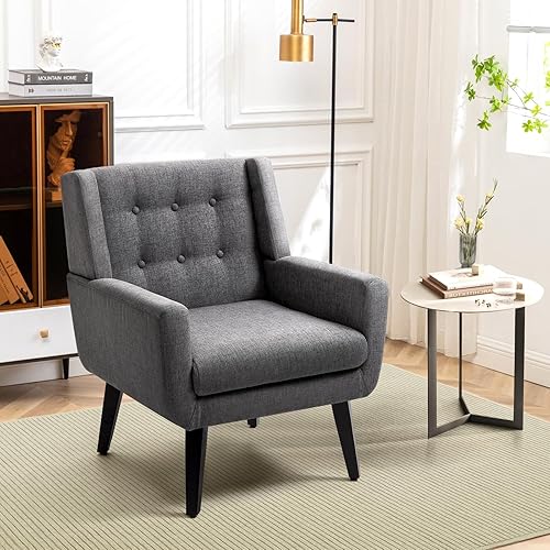 AVAWING Morden - Silla decorativa, moderna silla tapizada de mediados de siglo con patas de madera de goma, cómodo sillón de tela de lino para sala