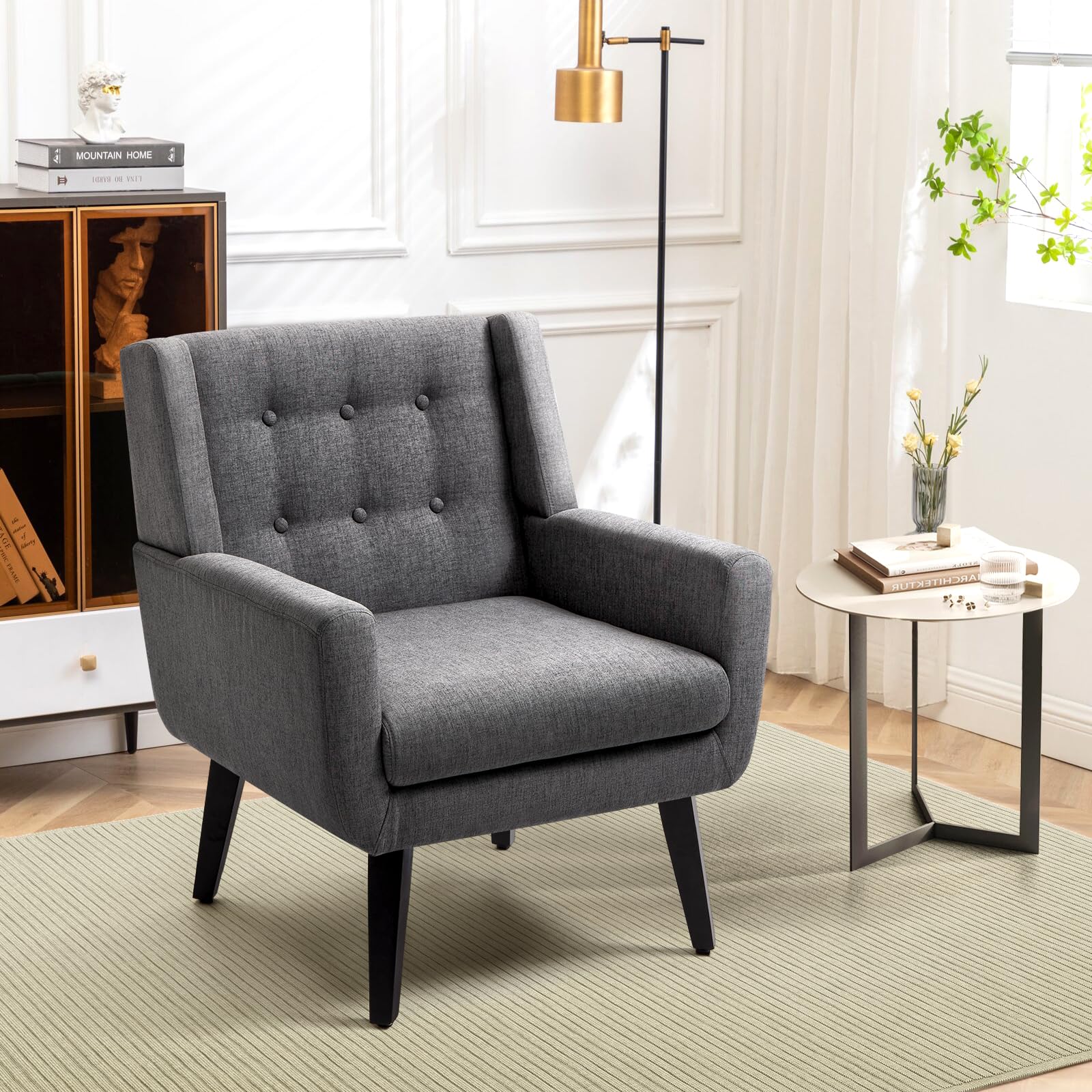 AVAWING Morden Accent Chair, Mid-Century Modern Upholstered Sofa Chair with Rubber Wood Legs, Comfy Linen Fabric Armchair for Living Room, Bedroom,