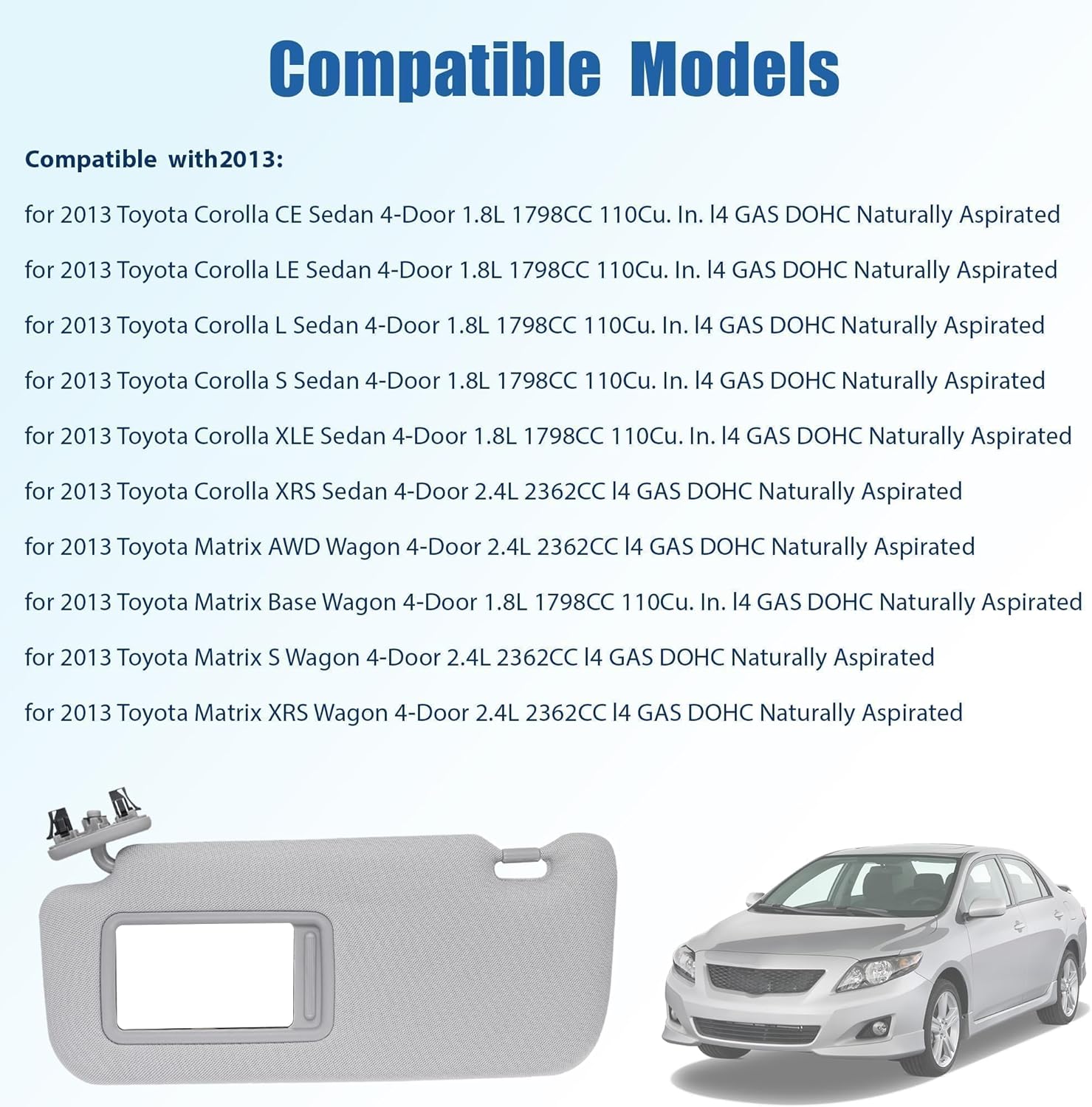 Grey Left Driver Side Sun Visor with Mirror Fit for Toyota Corolla 2008 2009 2010 2011 2012 2013 Replace # 74320-02711-E0 7432002711E0