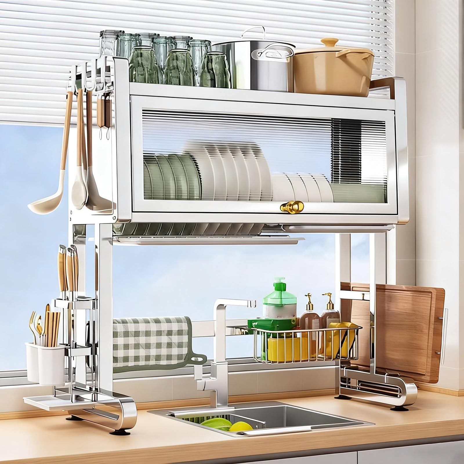 CAFIEDR Large Over The Sink Dish Drying Rack, Stainless Steel Countertop Drainer, Space-Saving, Easy To Clean, 87Cm Kitchen Storage Solution For Dishes * Cutlery.97cm/38.2in