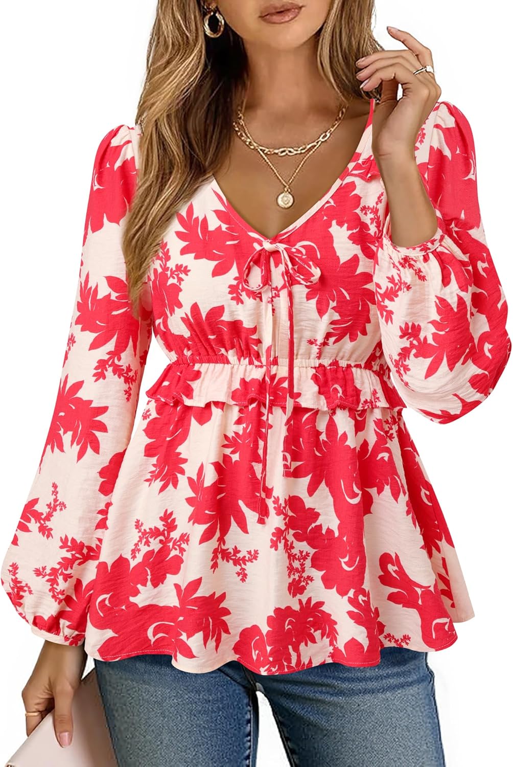 Vivilli Women's Blouses Dressy Casual Ruffle V Neck Tops Ruched Waist Lantern Long Sleeve Shirts Fall Outfits - Image 4