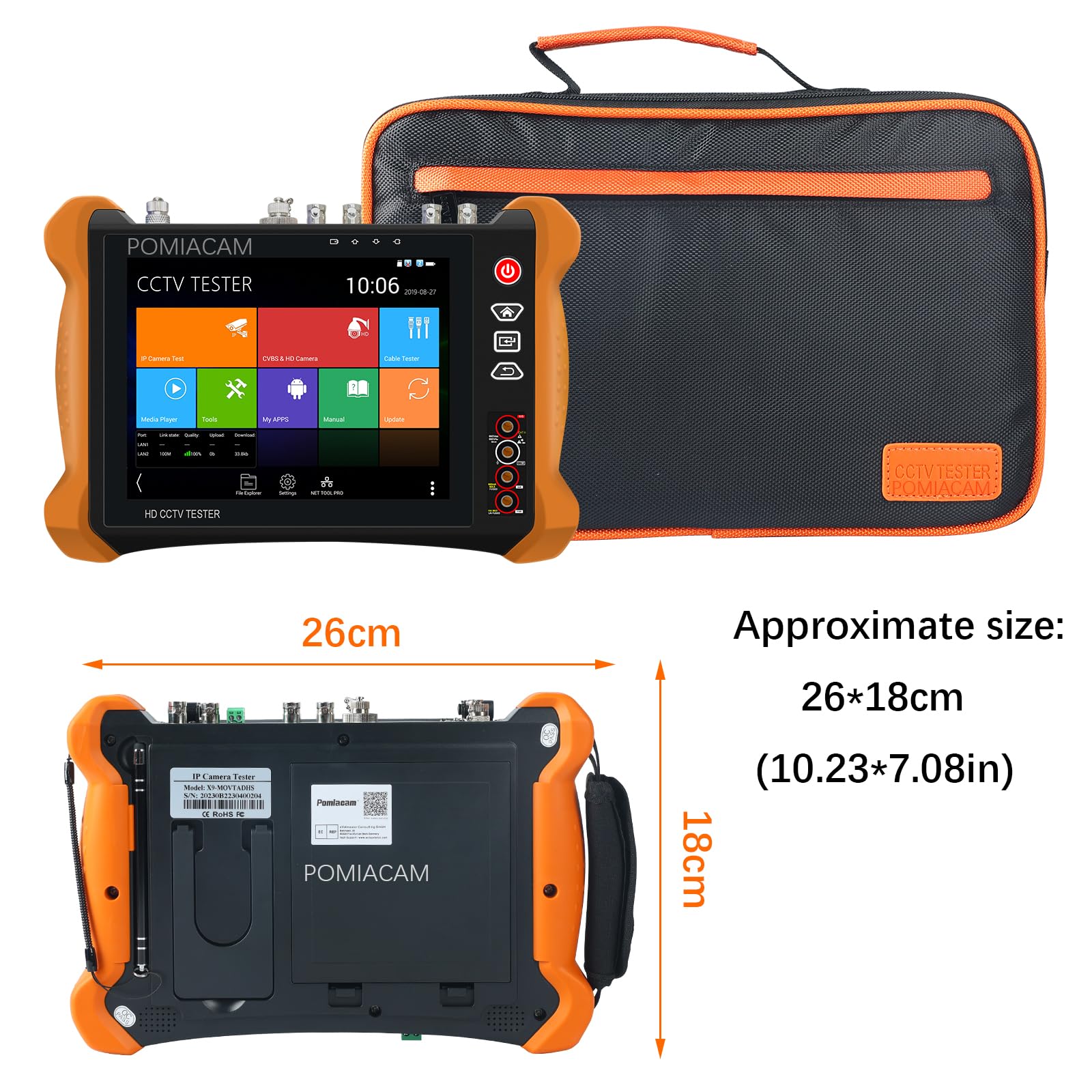Tester CCTV X9MOVTADHS HD CCTV Tester, monitor da 8 pollici, Blackout HD CCTV Tester, 8MP CVI TVI AHD 8MP EX-SDI HD-SDI 3G-SDI Tester IP, supporto telecamera RJ45 Cavo TDR Test