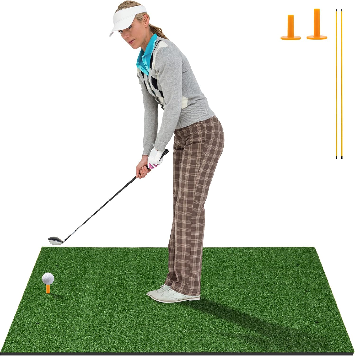 ULTIMATE Golf Hitting Mat, Artificial Turf Golf Practice Mat w/ 2 Golf Rubber Tees & 2 Alignment Sticks, Portable Golf Practice Grass Mat for Indoor & Outdoor Training