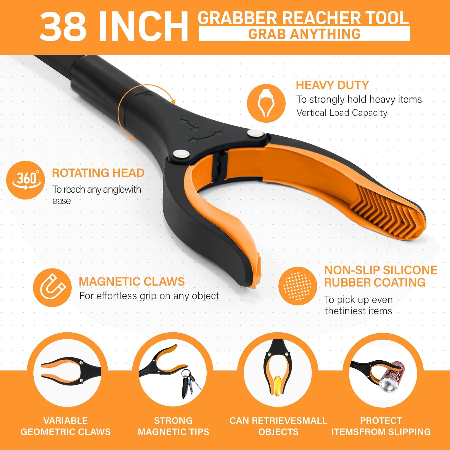 38" Extra Long Grabber Reacher Tool – 2 Pack Extra Long Foldable Reacher Grabber Pickup Tools with 360° Rotating Jaw - Heavy Duty Pick Up Grabbers for Seniors, Trash, Surgery Recovery (Orange Blue) image 3