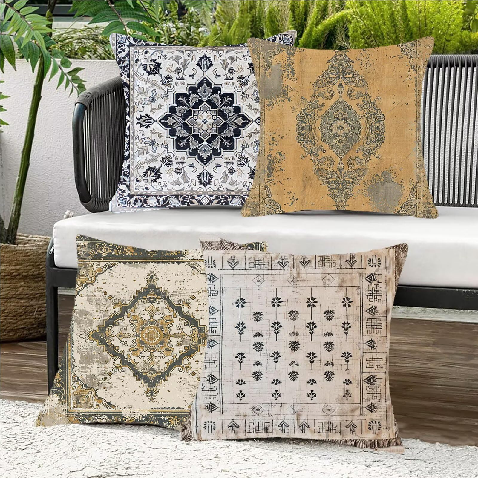 Kissenbezug 60x60 cm Persien 4er Set Sofakissen Superweichem Doppelnähten Versteckter Reißverschluss Schwarz und Weiß Outdoor Kissen Leinen gelten für Terrassen-Gartenbank Wohndeko Schlafzimmer P-5