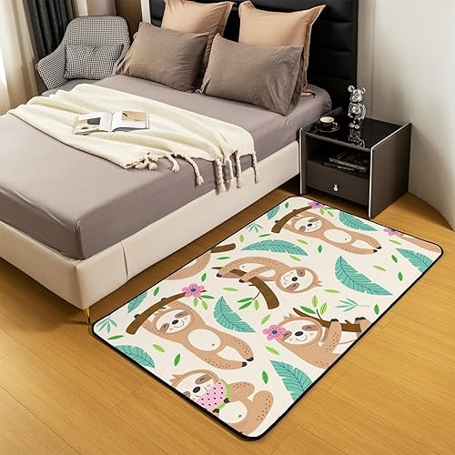 Miniatura 4 de Linda alfombra de perezoso para sala de estar, alfombra de área de 5 x 7 pies, diseño de animales kawaii, alfombra decorativa con hojas de palmera