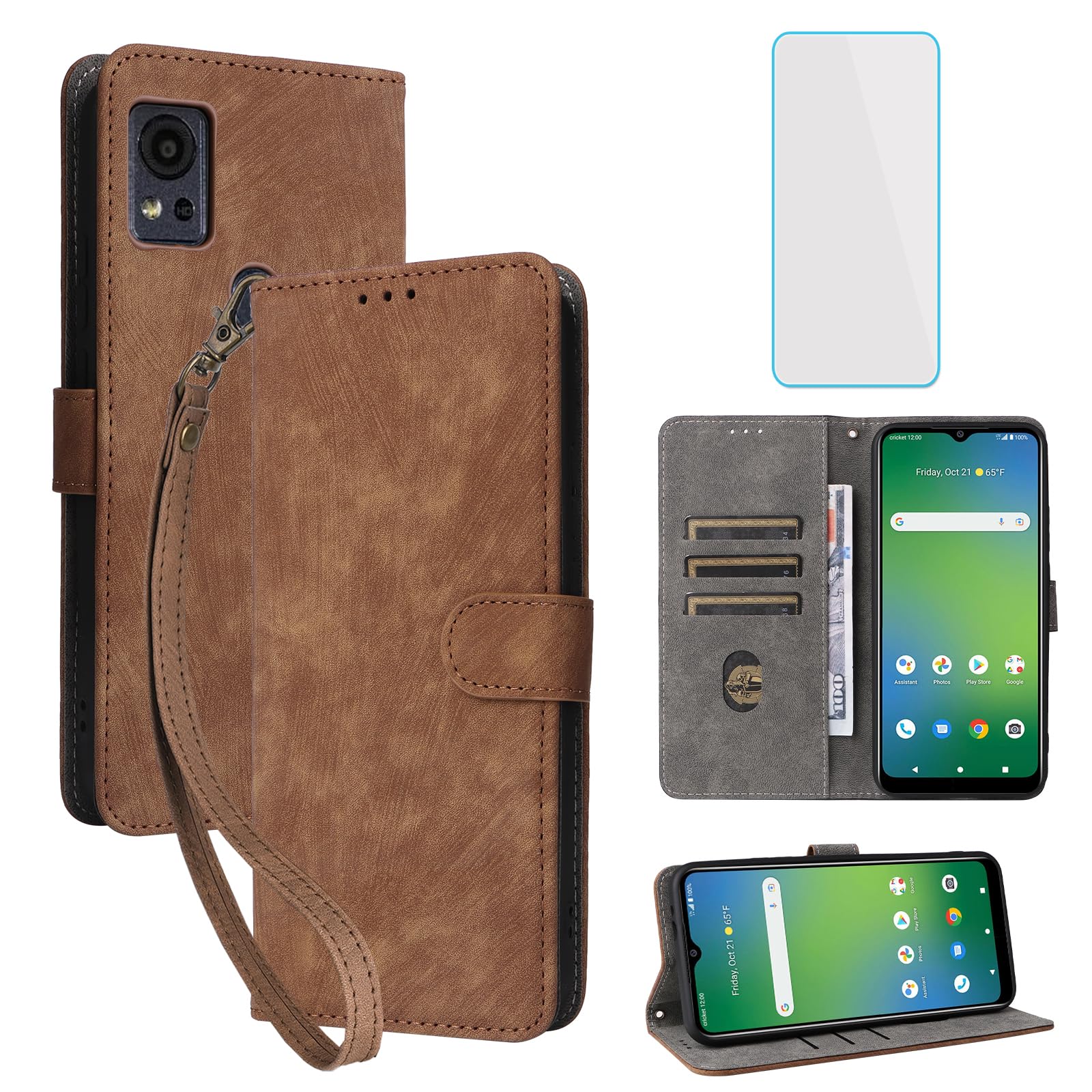 IUQXU for Cricket Icon 5/AT&T Motivate 4 Wallet Case with Screen Protector [RFID Blocking] Leather Case Card Holder Kickstand Cell Phone Cover for Cricket Icon5 -Brown