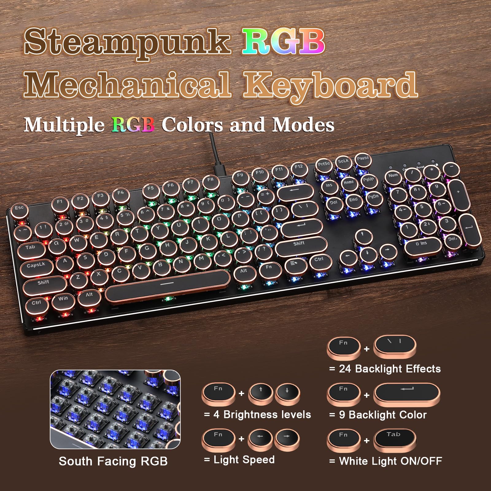 YUNZII QL108 Teclado Mecánico Gaming Estilo Máquina de Escribir, Retroiluminado RGB Hot-Swap, USB con Teclas Redondas Retro y Panel Metálico Teclados PC (Negro, Onyx Tactile Switch)