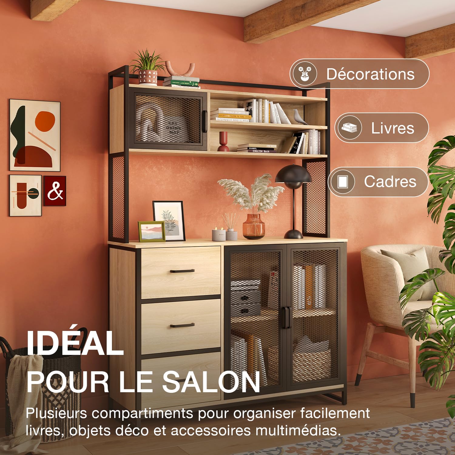 CATAVANA - Buffet Multifonctionnel 116 x 40 x 170 cm - Design Moderne pour Cuisine, Salon ou Bureau - Meuble de 3 Portes et 3 Tiroirs pour un Rangement Optimal de Vos Ustensiles, Livres et Décorations