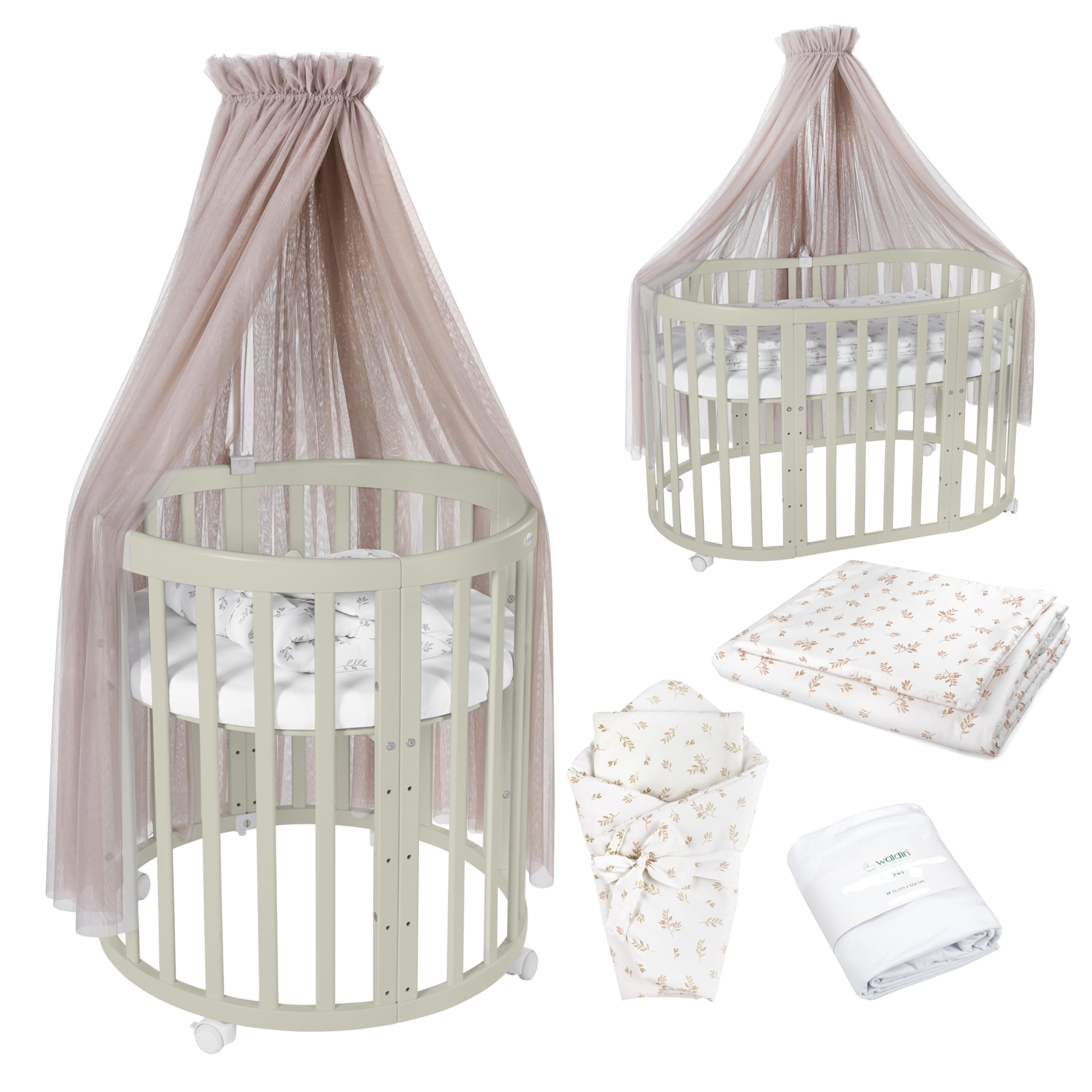 Waldin Oval Baby-Bett Mitwachsend Komplett Set 7in1, Gitterbett, Kinderbett mit Matratze, Wickelkommode, Beistellbett, Holz Olive, Stoffe Taupe Zweige