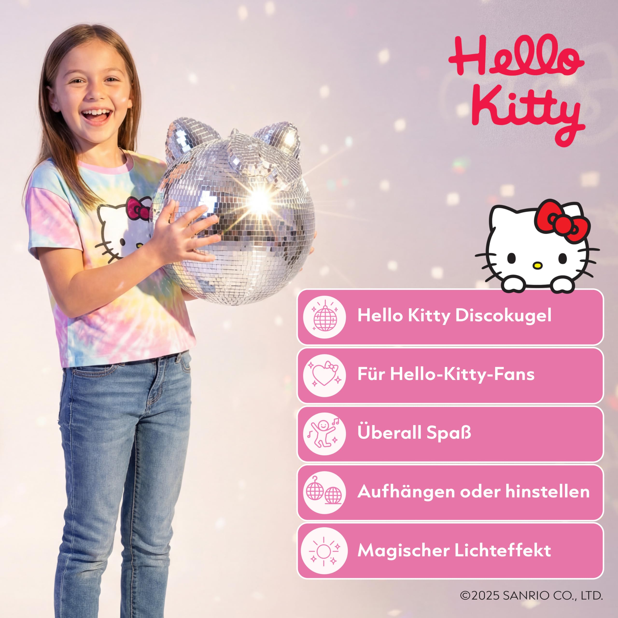 Hello Kitty Discokugel | Party Deko Kugel mit Spiegel Effekt | Disco Licht für Kinderzimmer und Geburtstag | 25x25x27CM | Mini Discokugel Deko für innen und außen