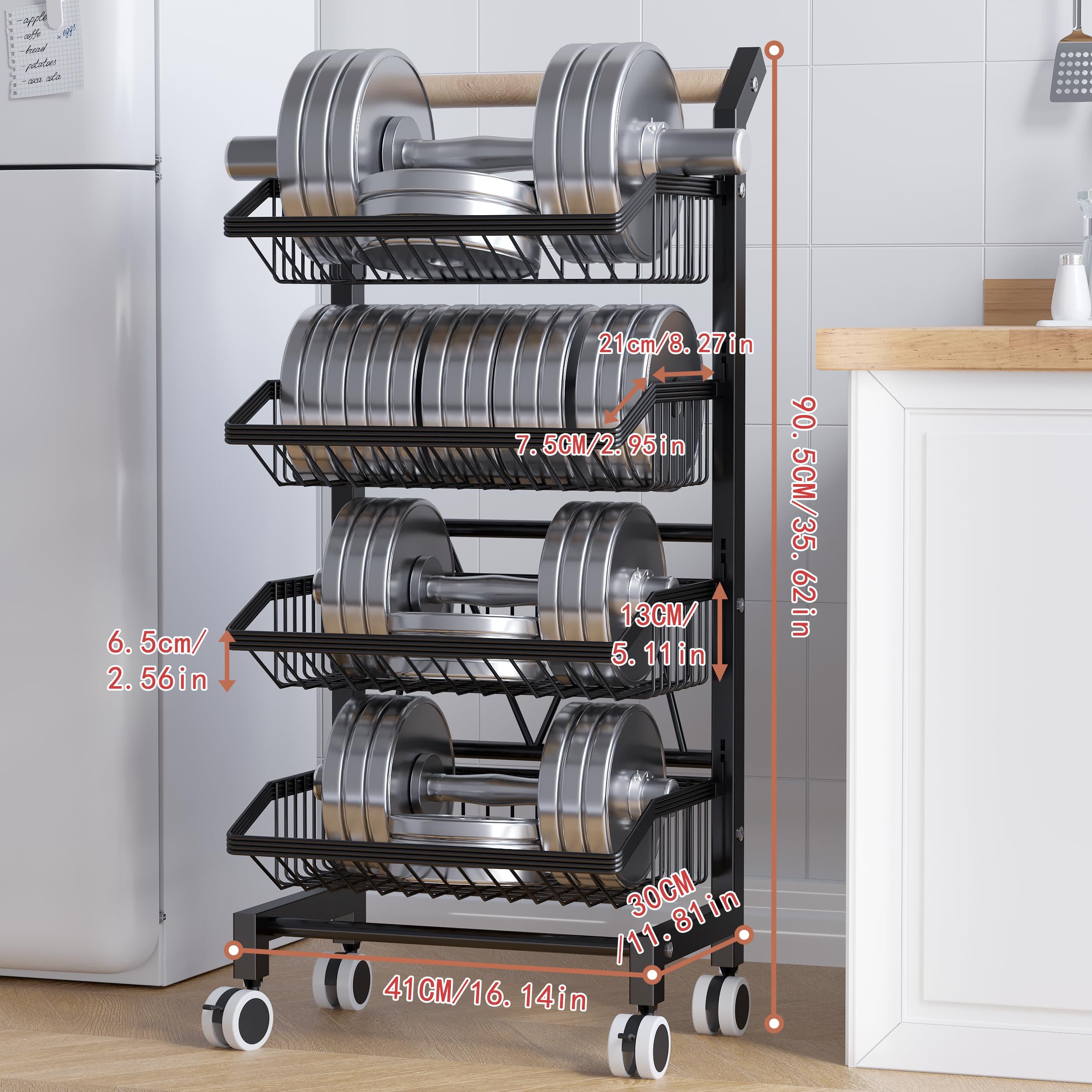 COVAODQ Gemüseregal für Küche,Stapelbarer Obstkorb Gemüse,Aufbewahrungswagen KüchenWagen Mit Abschließbare Rollen und Holzgriff, Für Badezimmer,Küche,Büro (schwarz)