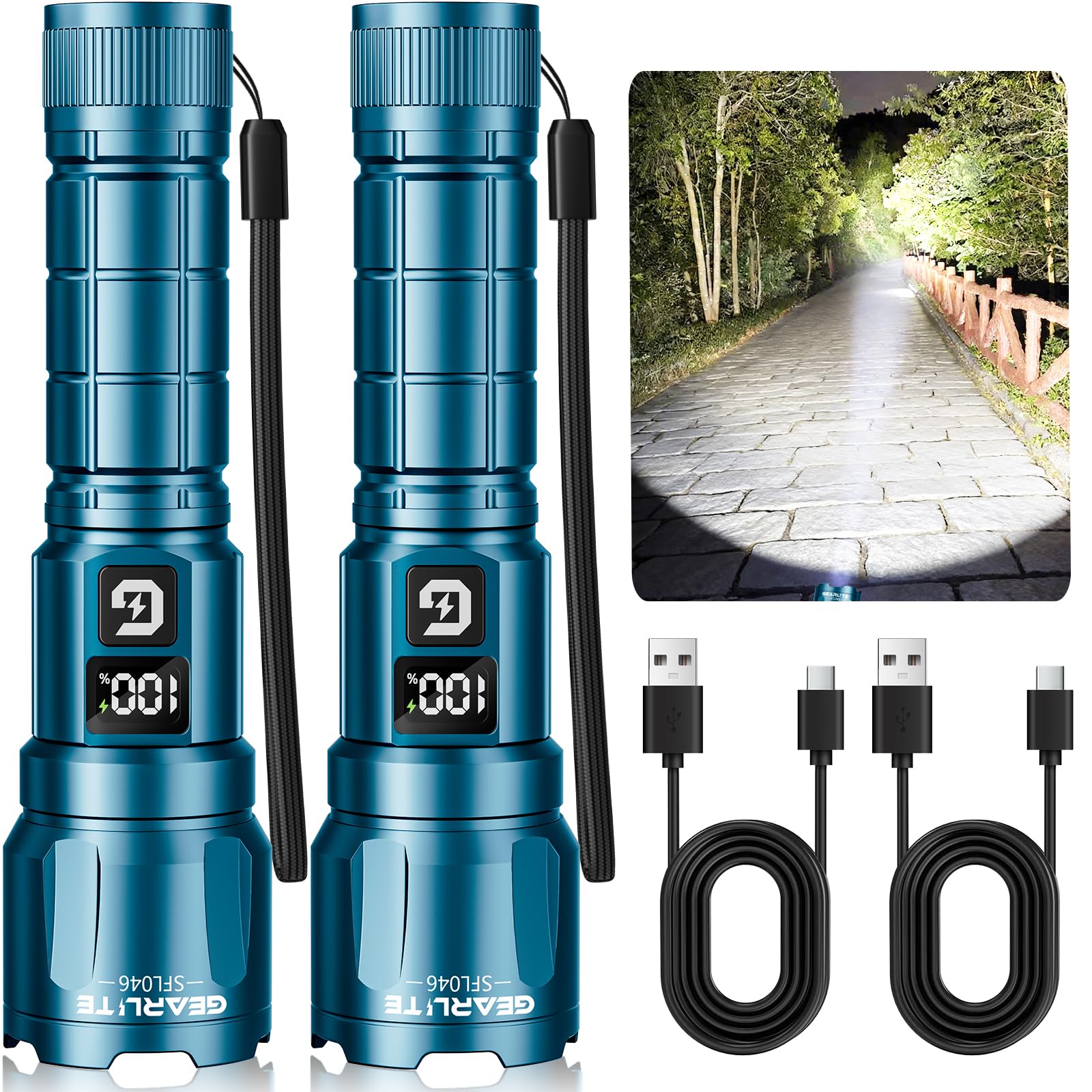 GEARLITE Taschenlampe LED Aufladbar, 3 Lichtmodi 6000L Superhelle Zoombares Taschenlampen mit LCD Batterie Display, IP65 Wasserdichte & XHP70.2 Taktische Handlampe für Camping Angeln, Notfäll（2, Blau）