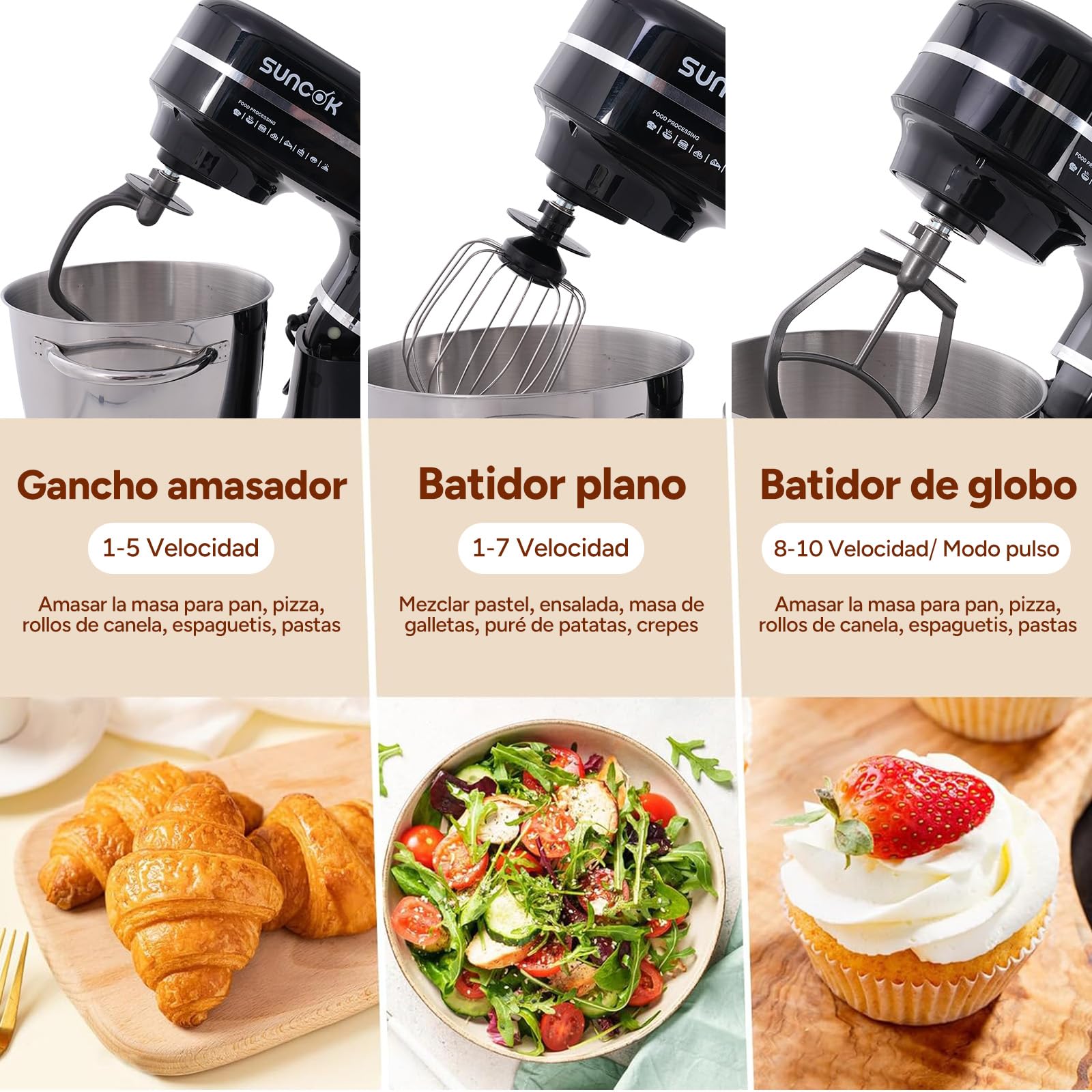 Batidora Amasadora 1500W, 2 Cubetas de Acero Inoxidable (4,5L/5,5L), 12 Velocidades, Fermentación/Calentamiento, Báscula, Temporizador, Bajo Ruido, 3 Accesorios de Mezcla (B03B, B03B-negro)