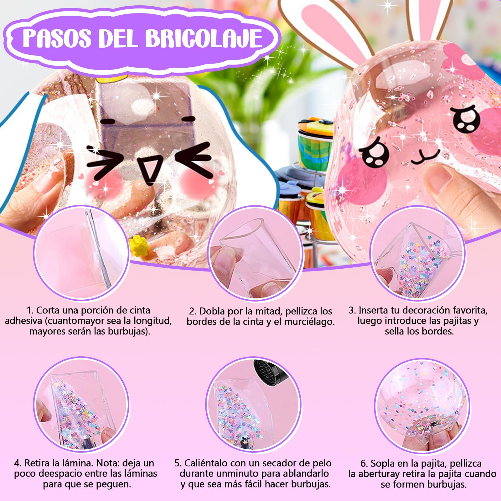 Herenear 64 Piezas Cinta-Nano Tape Bubble Set, 5 Cinta Nano Tape + 59 Cinta Burbujas Accesorios, Nano Cinta de Burbujas con Pegatinas de Lentejuelas, DIY Bubble Craft Kit para Niños Adultos