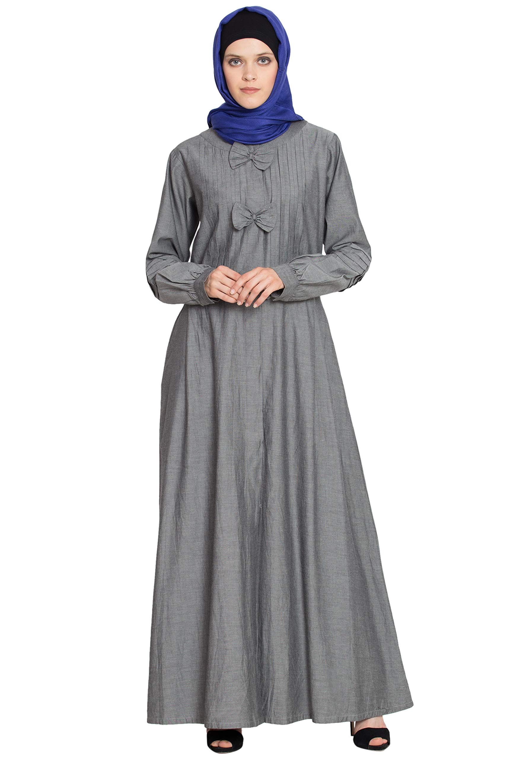 Mallika Pin tuck and Bow Front open Denim Grey Jilbab-image-4