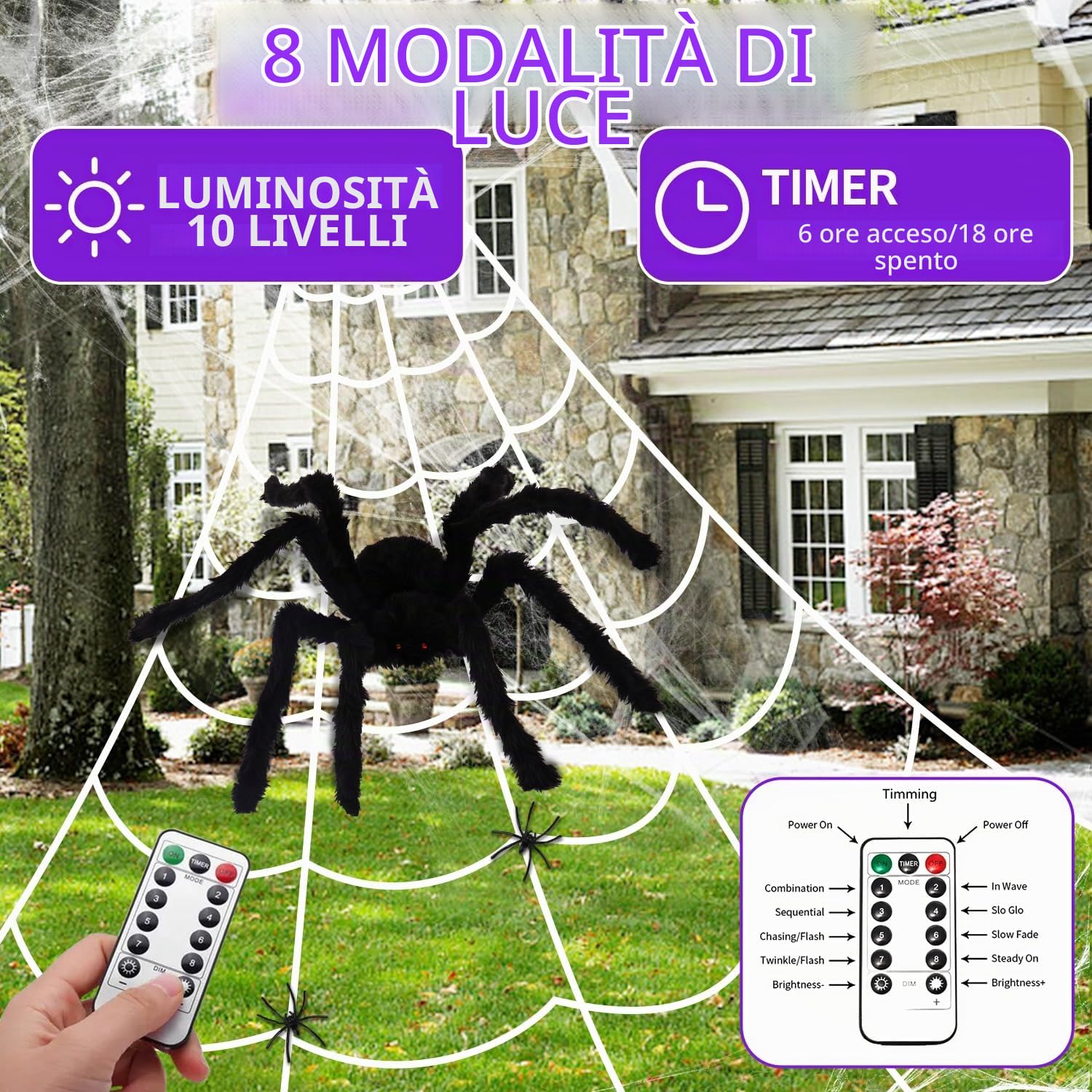 Halloween Decorazioni，135 LED Ragnatela Decorazioni Halloween Case, 40 g Retrattile Ragnatele Halloween con 90 cm Finto Grande Ragno, 8 Modelli Viola Impermeabile Halloween Luci