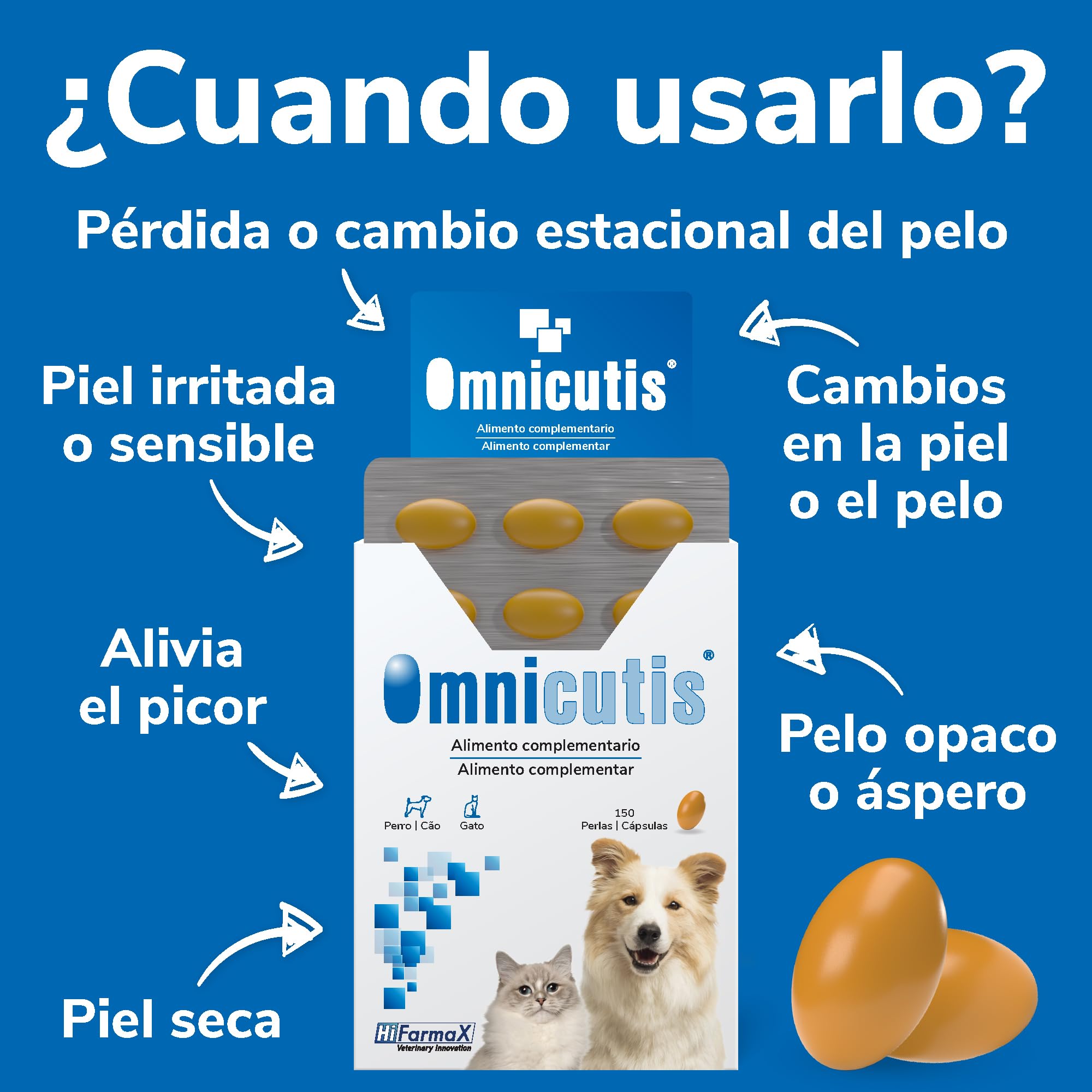 Omnicutis Hifarmax - Suplemento con Vitaminas, Zinc y Omega 3 para Perros y Gatos | Anticaída de Pelo, Alivio de Picor, Cuidado de la Piel y Pelo Brillante | Vitaminas para Perros y Gatos | 150 Perlas