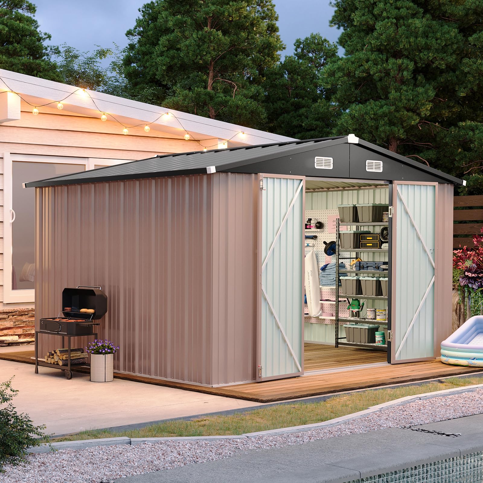 Aoxun 10x8.5 FT Outdoor Storage Shed Garden Metal Shed with Lockable Door Outdoor Large Shed for Tool, Garbage Can, Bike, Mower, BrownRecycled Claim Standard Blended