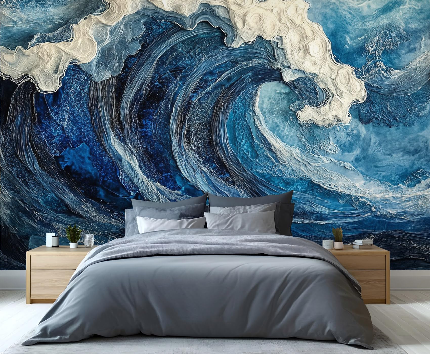 YXQAIED Japanese Wall Mural, Blue Waves Custom Wallpaper, Abstract Blue Wallpaper for Bedroom Living Room Home Decor (Not Peel and Stick)