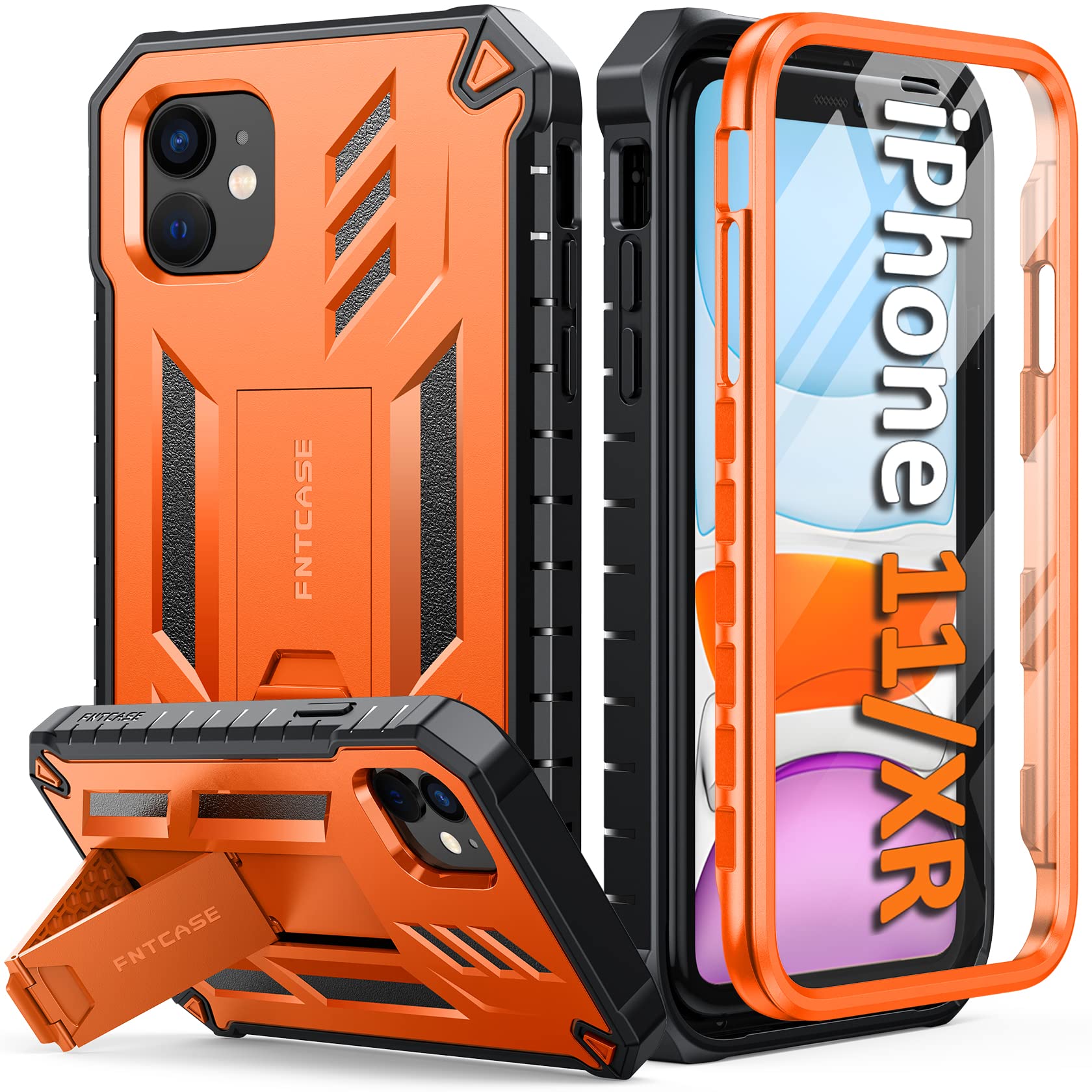 FNTCASE for iPhone 11 Phone Case: for iPhone XR case with Kickstand Shockproof Military Grade Protective Cover - Dual Layer Full Protection Sturdy Matte Textured Drop Proof - 6.1 Inch Orange