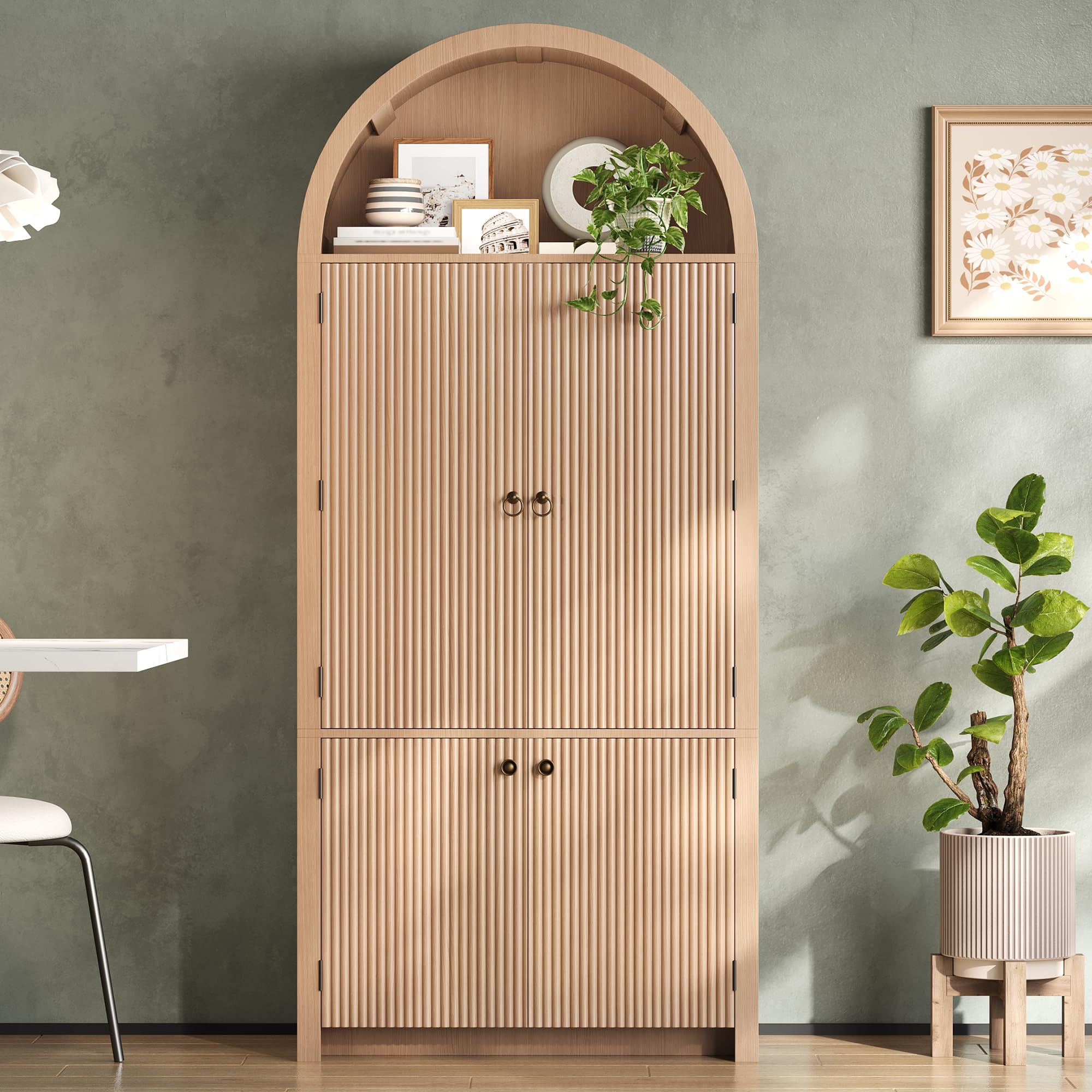 BTM Küchenschrank mit Türablagen und Offene Vitrine, Minimalistisch Bogenschrank Wohnzimmerschrank 180cm Holzoptik