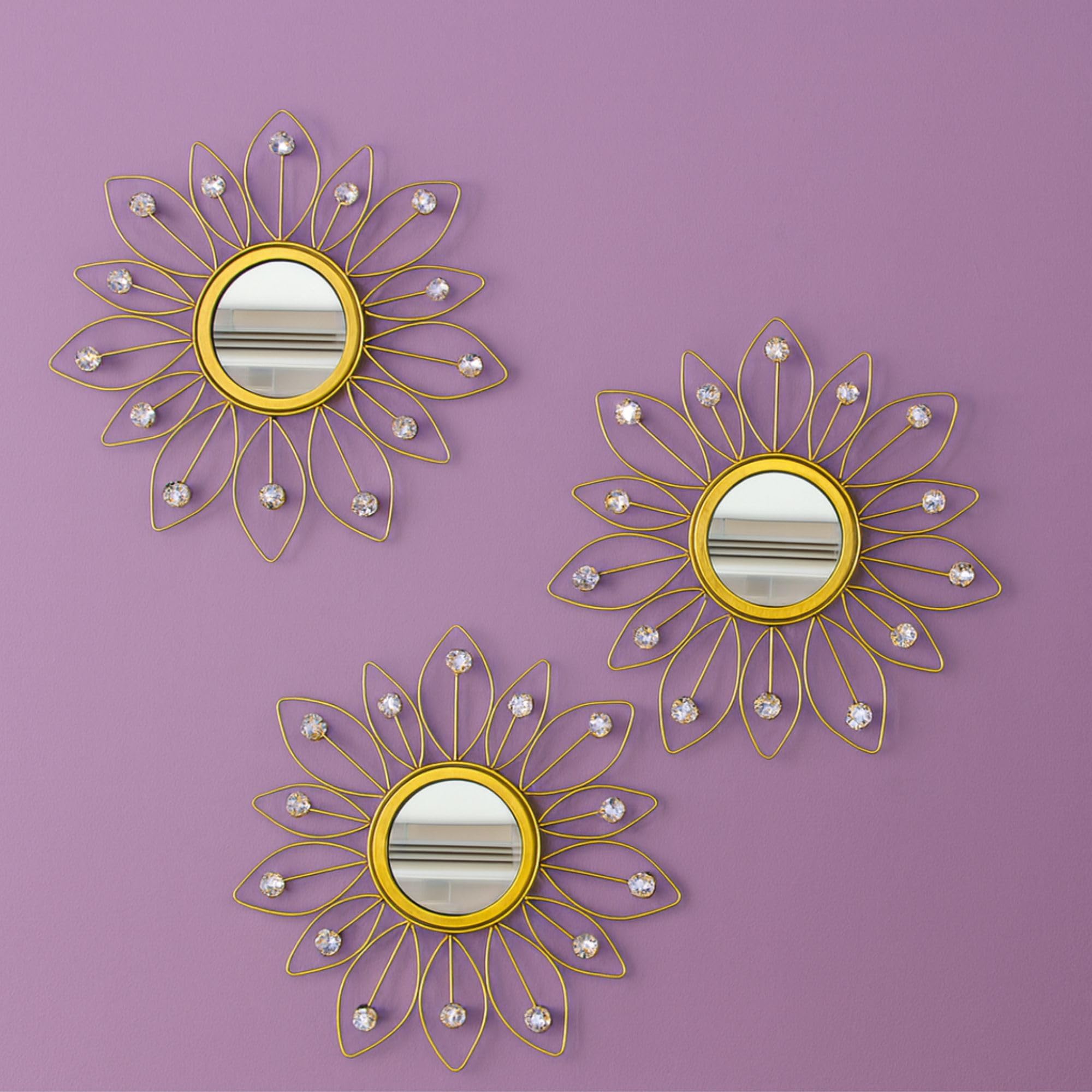 Sunflower Mirror Wall Decor with Crystals | Decorative Mirror Wall Mounted | Mirror Wall Decor for Living Room | Beautiful Modern Designer | Hanging Mirror Sculpture Set of 3 (Crystal Golden)-image-23