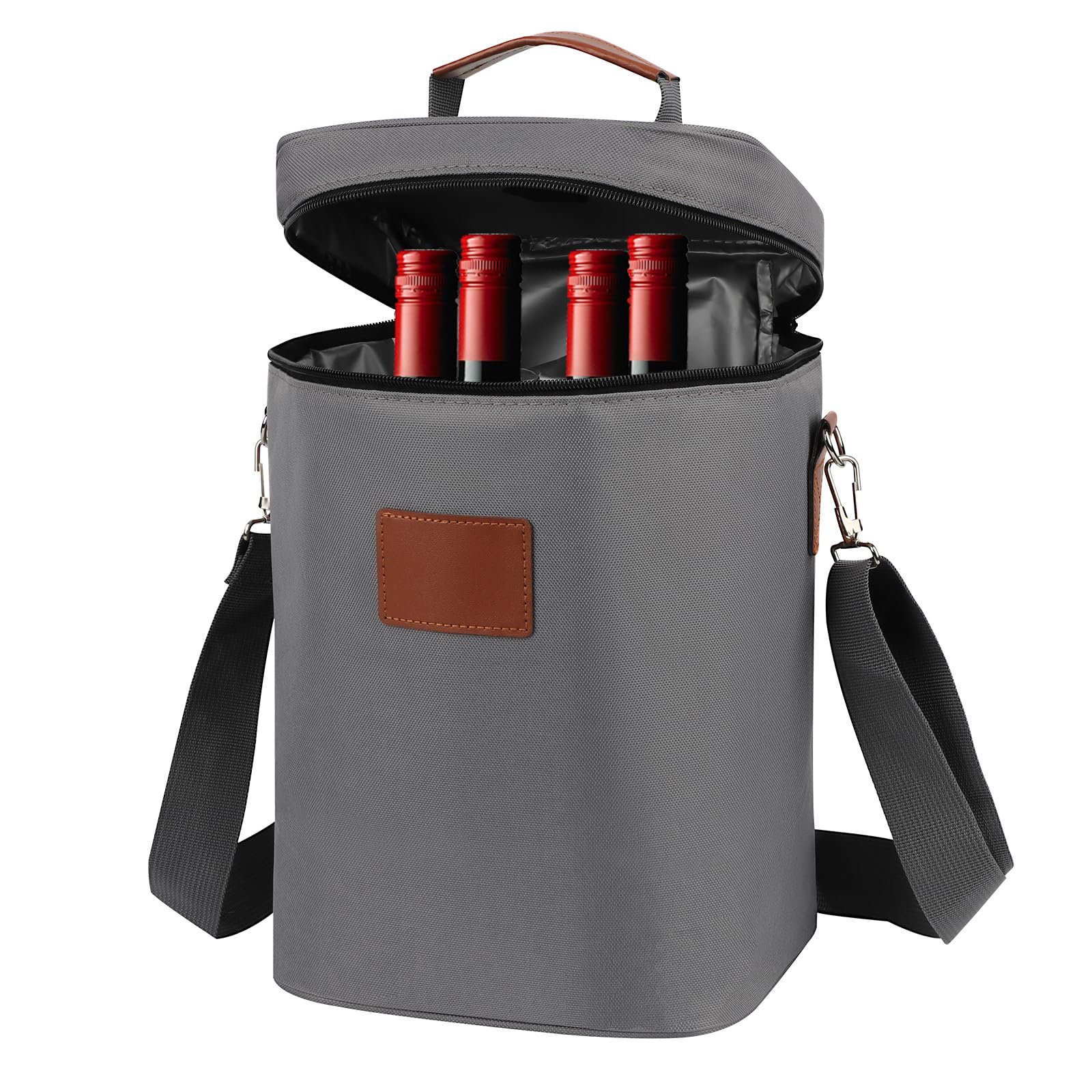 4 Bottle Wine Cooler Bag, Leakproof & Insulated Padded Wine Carrier, Portable Wine Cooler Tote Bag with Handle and Adjustable Shoulder Strap for Wine Tasting, Parties, Gift for Wine Lovers (Gray)