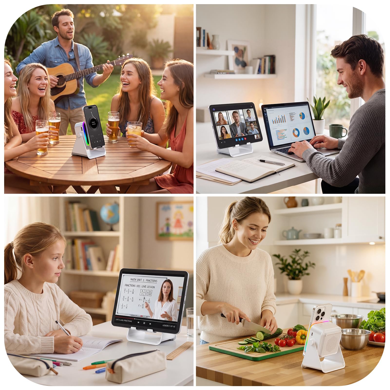 TARKARI Altoparlante wireless a induzione, altoparlante Bluetooth con supporto per telefono e luce RGB, suono surround HD, compatibile con iPhone, Android, iPad, Samsung, regalo di compleanno per