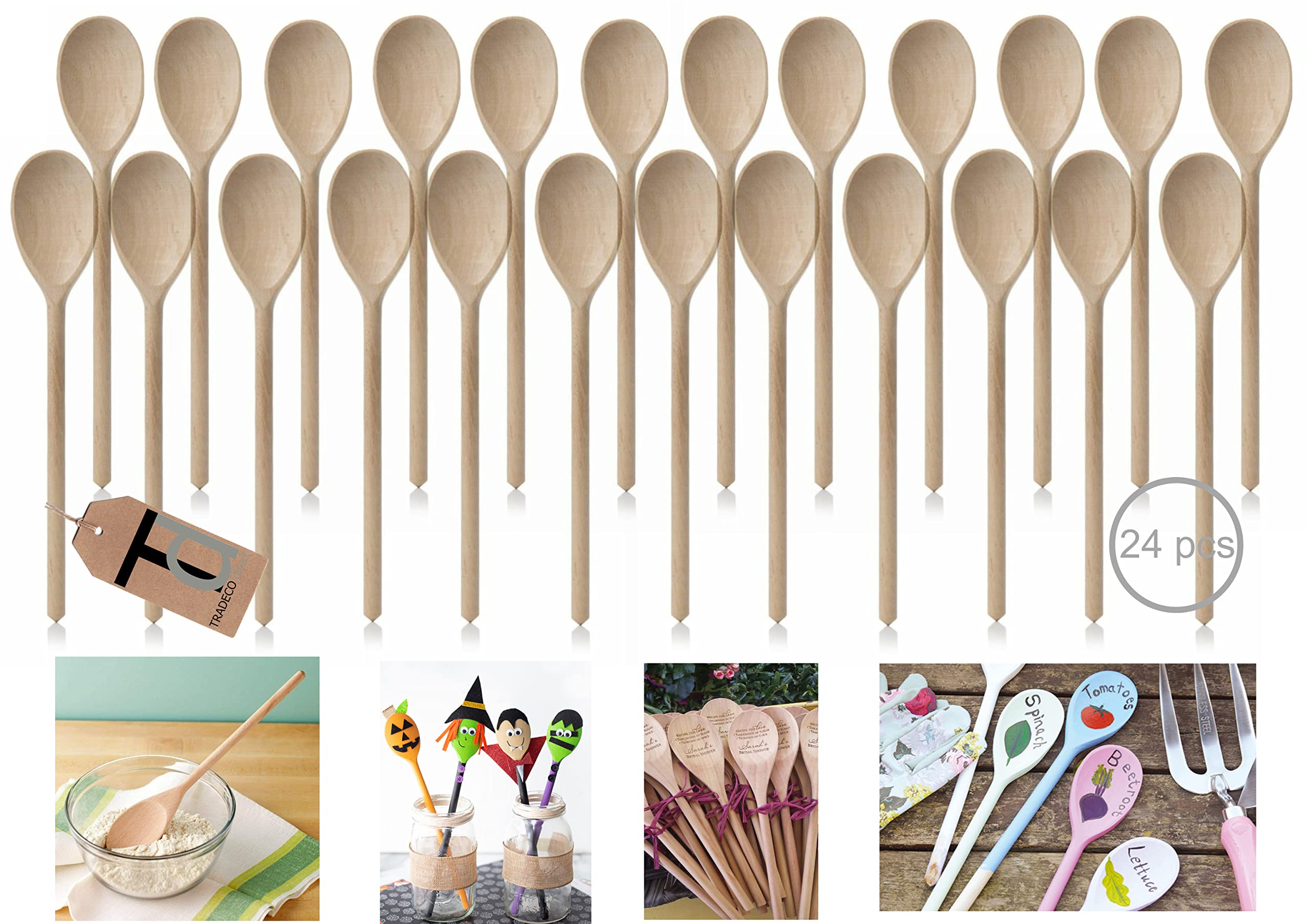 Set of 24 x 10" (250mm) Beechwood Wooden Spoon, Ideal for Baking, Decorating, Engraving. Made in The EU. Tradeco direct®