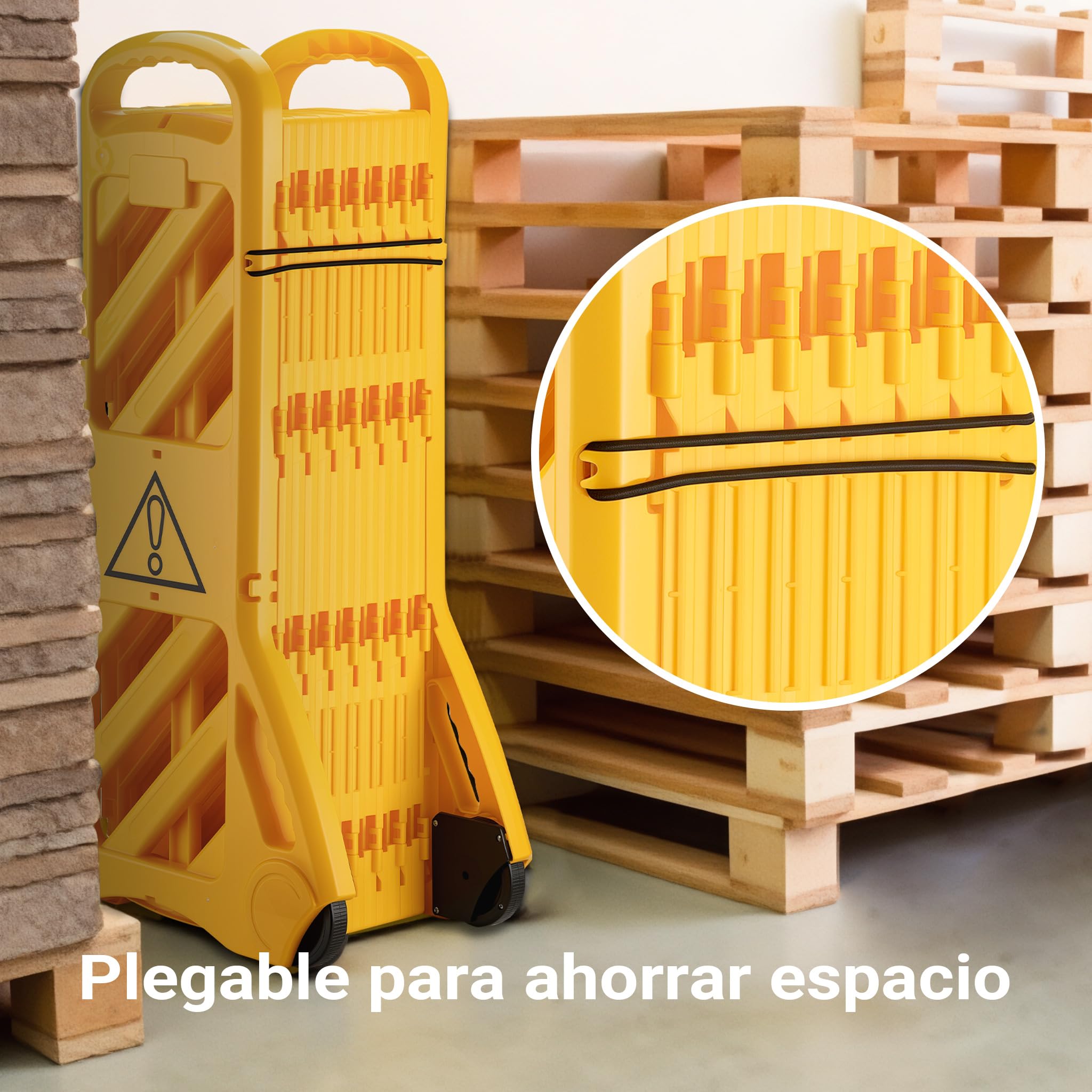 Wiltec Barricada de seguridad plegable extensible hasta 3,9 m, plástico PE resistente, rodillos integrados para fácil transporte, alta visibilidad, perfecta para obras y control de tráfico peatonal
