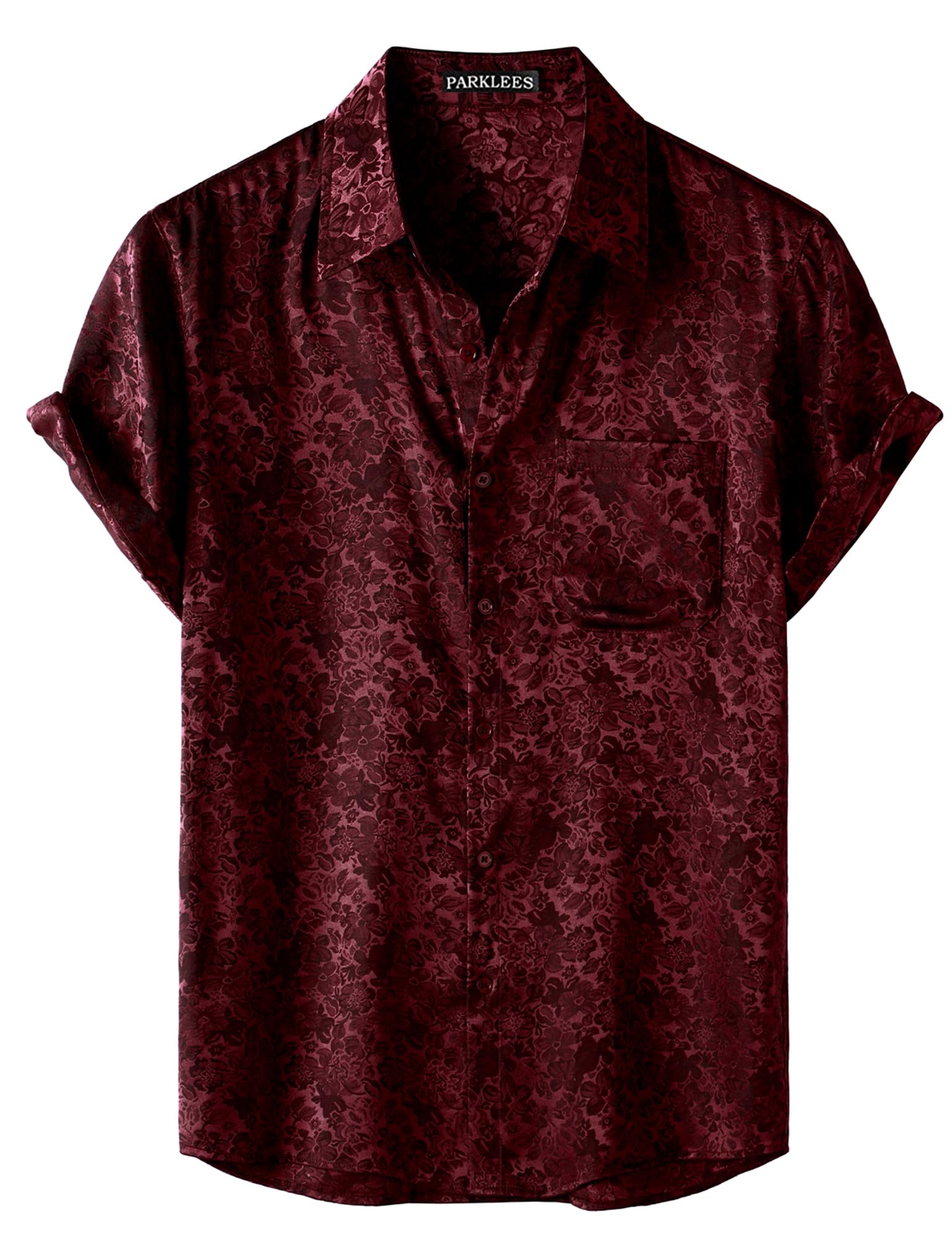 PARKLEES Chemise d'été à manches courtes en satin de soie jacquard brillant pour homme