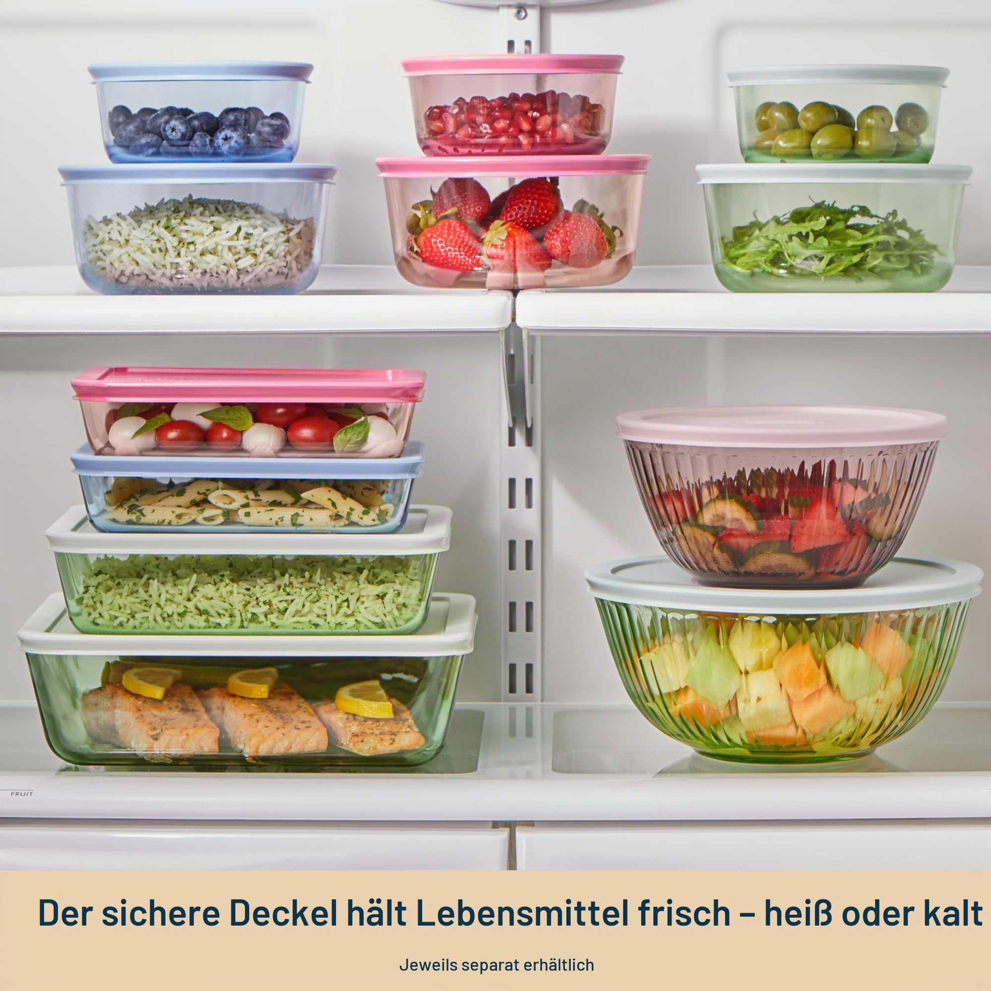 Pyrex Colors Rührschüsseln aus getöntem Glas mit Deckel, platzsparendes Set zum Zubereiten und Backen, 1,3 l, 2,3 l und 4,5 qm, Rosa, Grün, Blau, 3 Stück