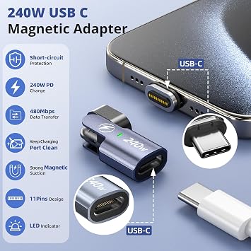 USB C Magnetic Adapter (2Pack), 240W Right Angle USBC Male to USB C Female Adapters, 180 Degree Type C Adapter for Phone 16/15, Pad Series, Tablet, Laptop, 480Mbps, PD Fast Charging, Silver Grey