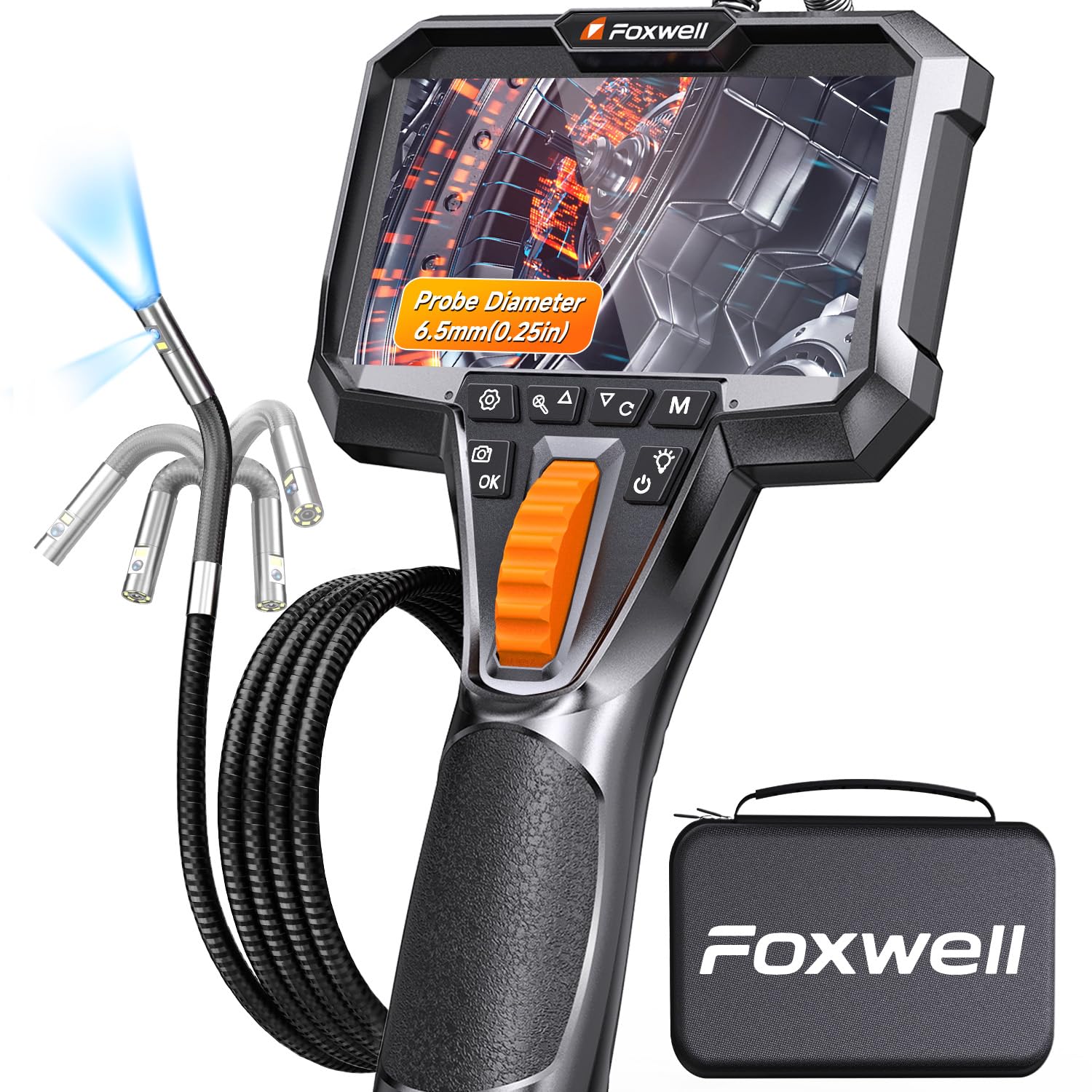 FOXWELL 6,5mm Doppelobjektiv Endoskopkamera mit Licht 220° Beweglicher Kopf | 1080P HD IPS Bildschirm, IP67 wasserdicht, 1,6m Flexibles Kabel, Rohr- & Kanalkamera für Werkstatt, Handwerk & Industrie