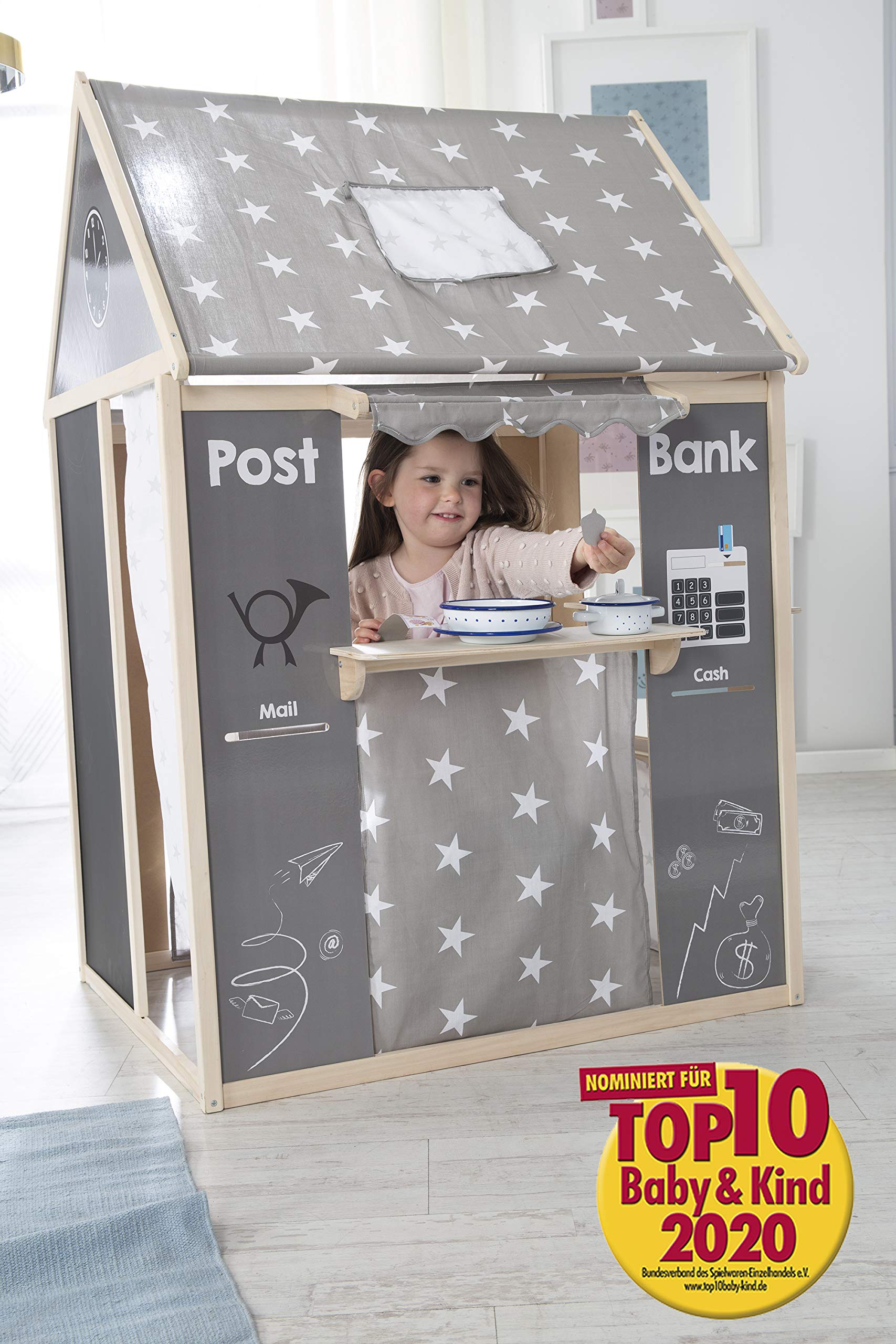 roba Casetta per bambini, Contiene negozio, Teatro delle marionette, Lavagna, Sportello per ufficio postale banca chiosco, Grigio