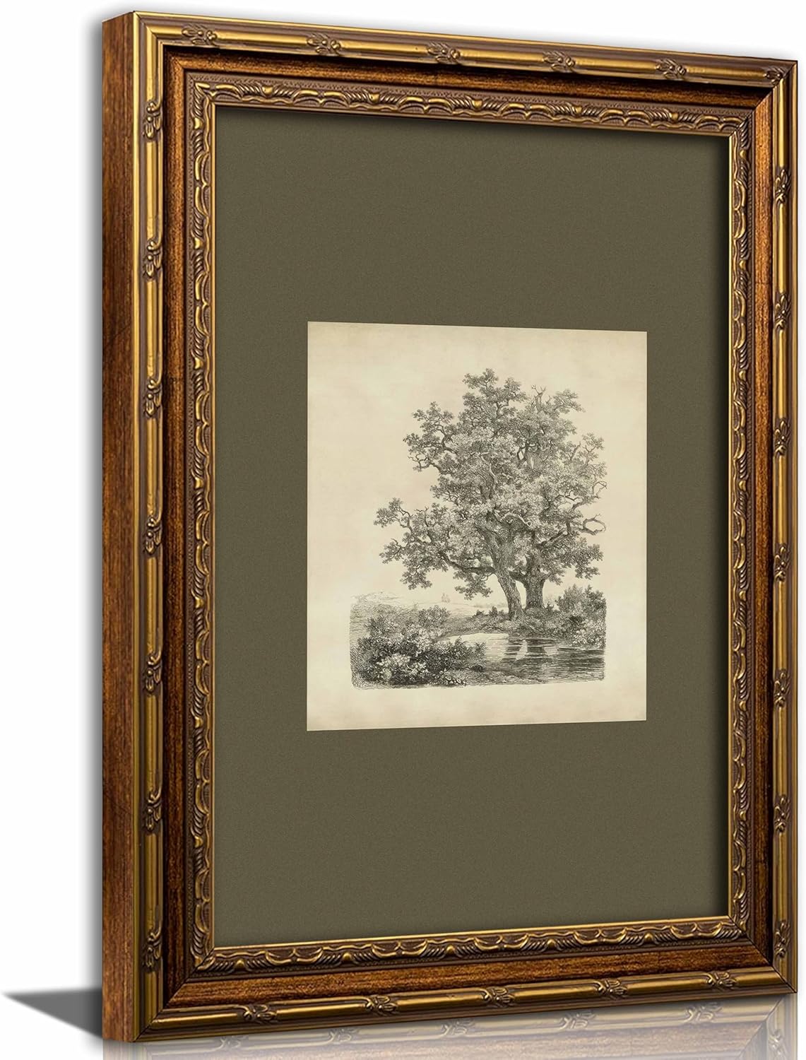 Kabcod Vintage Gold Framed Tree Wall Art Prints, Farmhouse Tree Forest Painting,Natural Sketch Landscape Pictures,Vintage Rustic Siege Green Artwork,for Bathroom Bedroom Gallery Home Decor(12" x 16")