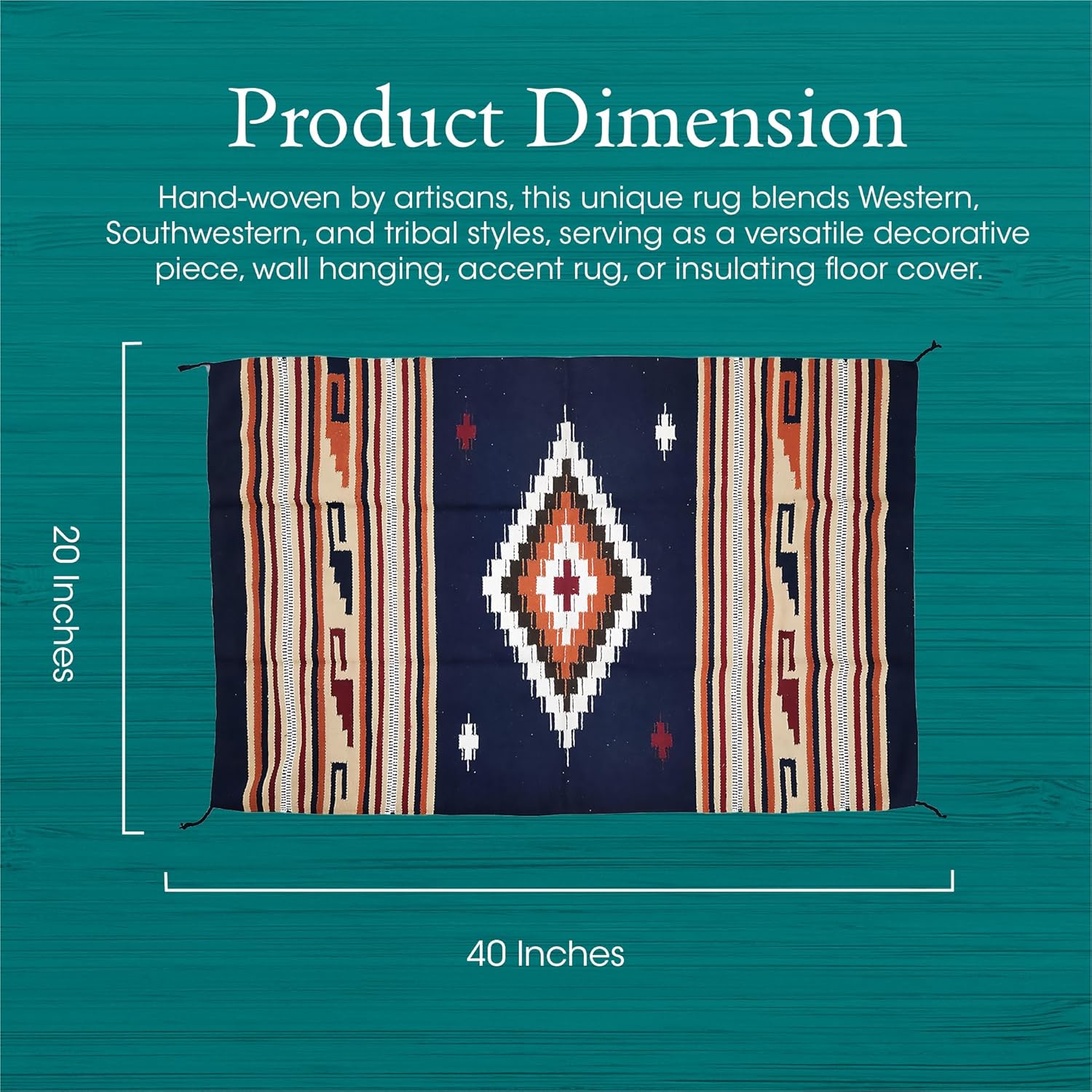 Boho Southwest Area Rug - Washable Bohemian Runner - Western Carpet - Rustic Rugs for Living Room, Outdoor Area, Bedroom, Decor, Kitchen & More (Center Diamond, 20x40 Inches, Blue/Cream)