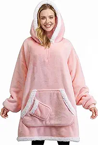 Giggling Getup Wearable Blanket Hoodie for Women Men Gifts for Women Mom Wife Sherpa Fleece Hooded Blanket Sweatshirt Warm Cozy Sherpa Wearable Throw with Pocket & Sleeves for Adult Oversize Pink