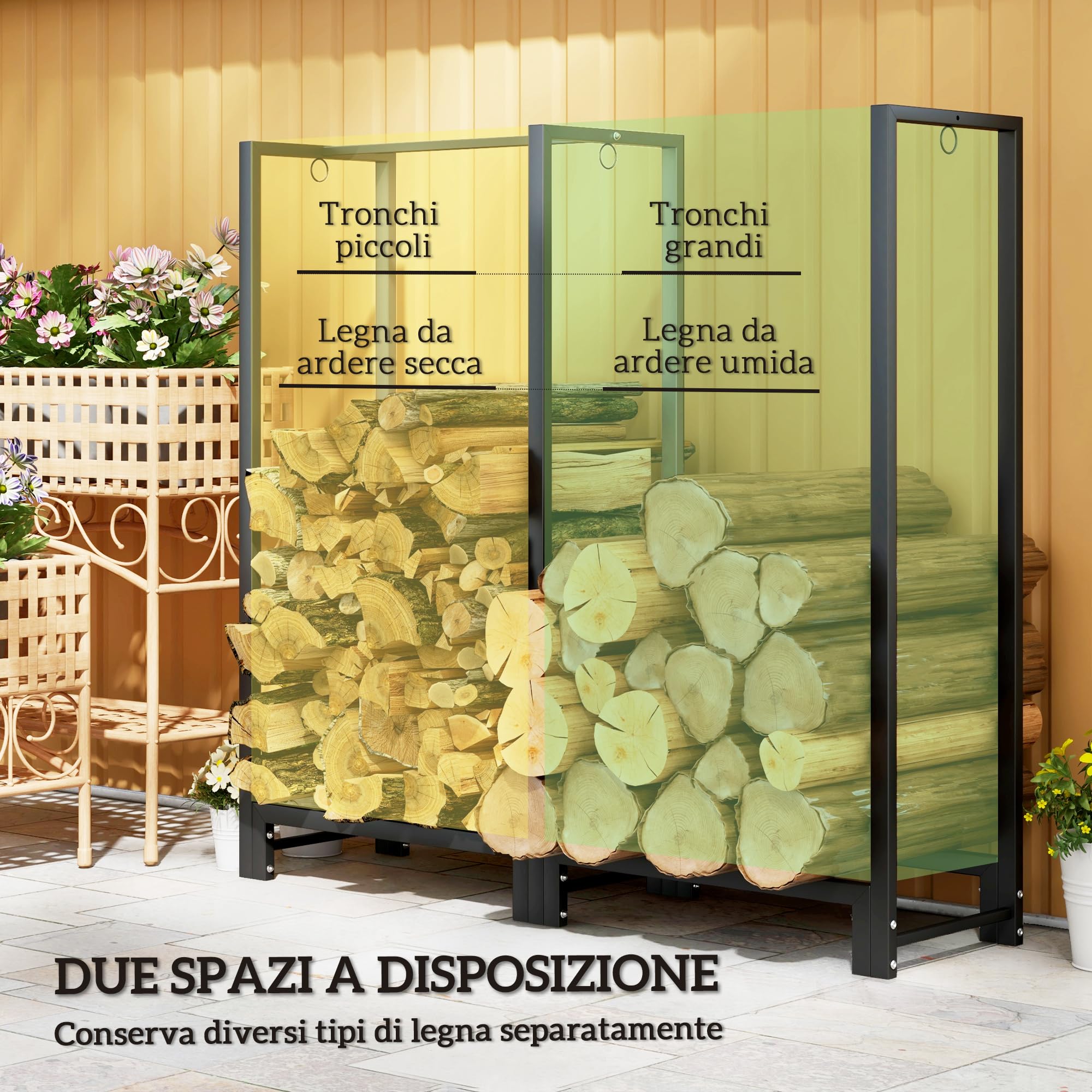 Outsunny Portalegna da Esterno a 2 Sezioni, Portalegna per Camino con 6 Gambe e 3 Anelli, 123x32x115 cm, Nero