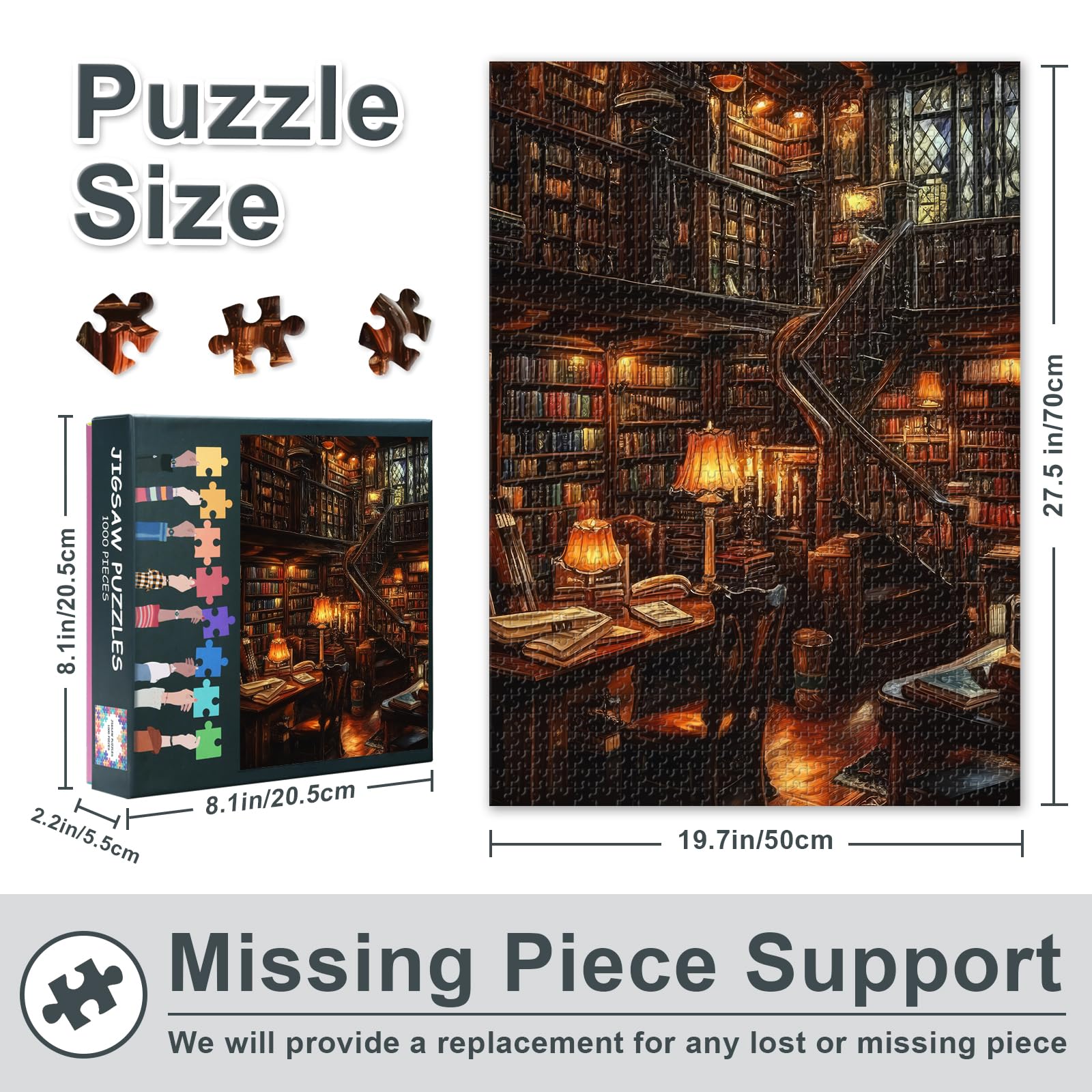 1000 Pieces Old Library Jigsaw Puzzles for Adults Funny Challenging Books and Vintage Reading Lamps Puzzle for Adults Bookshelves Puzzles 1000 Pieces for Family Game Night 27.5"X19.7" - Image 3