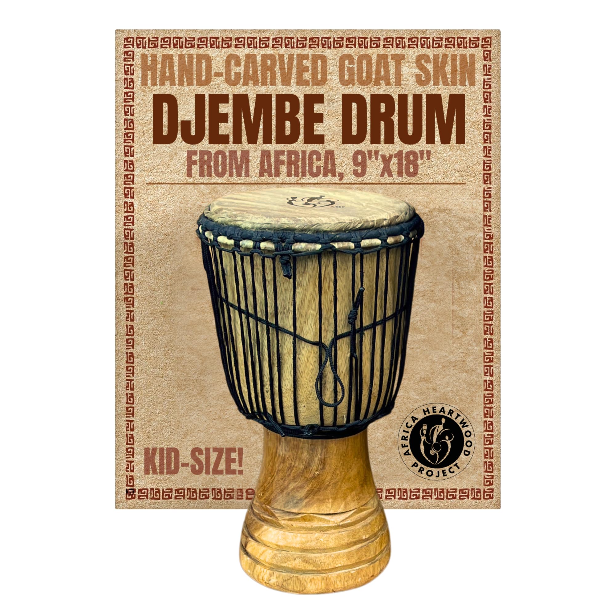 Africa Heartwood Project Hand-Carved Djembe Drum from Africa - 9"x18" Classical Heartwood Djembe Musical Instrument (Random Carving) Solid Wood & Natural Goat Skin - Ready to Play Out of the Box