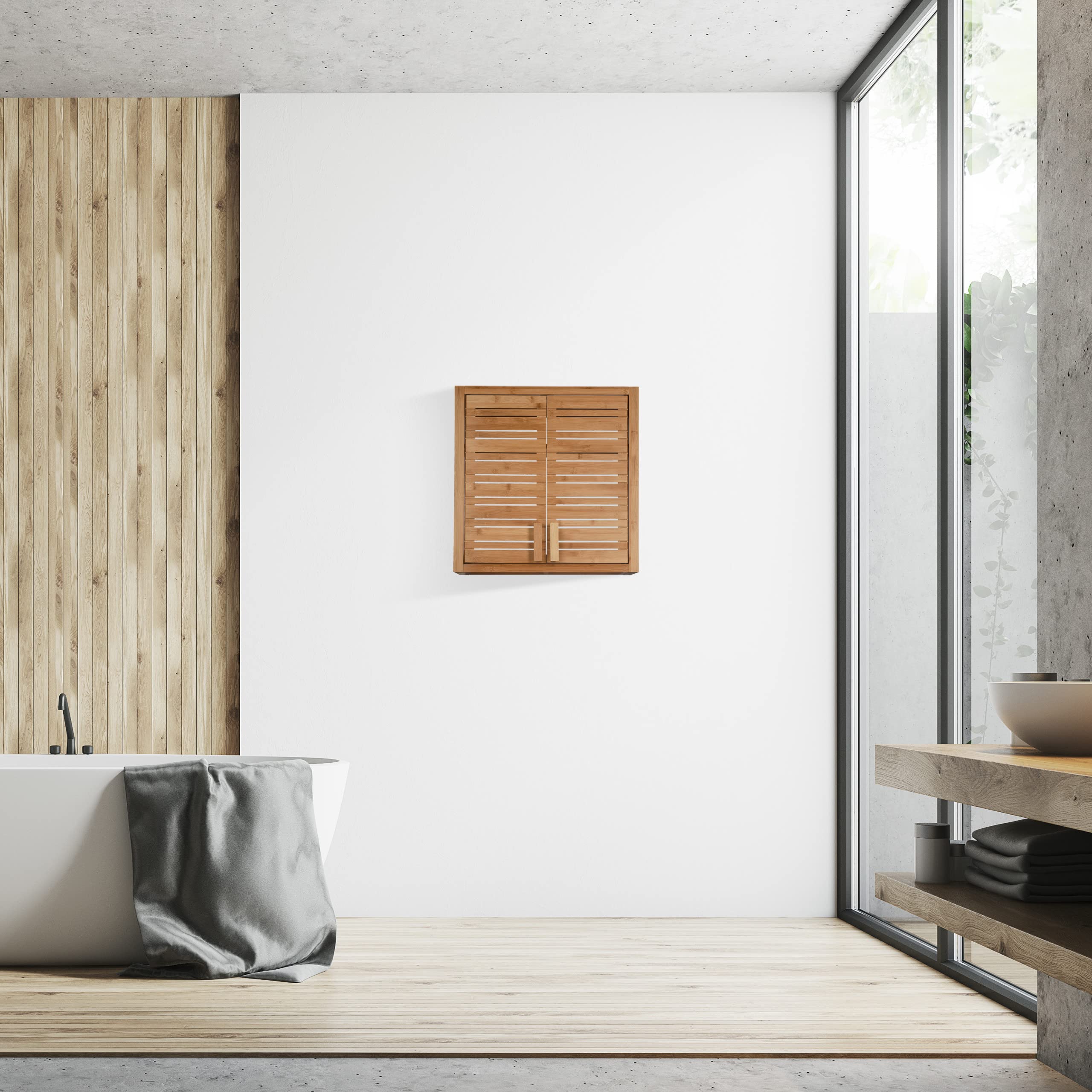 Relaxdays, Naturalna szafka ścienna z bambusa, 2 drzwi, półki wkładane z regulacją wysokości, kwadratowa szafka wisząca, wys. x szer. x gł.: 56,5 x 56 x 21 cm
