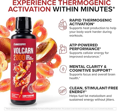 Miniatura 6 de InnoSupps Volcarn 2000 - L-Carnitina líquida, estimula la energía, sin cafeína ni edulcorantes artificiales, 32 porciones. Anillos de melocotón y